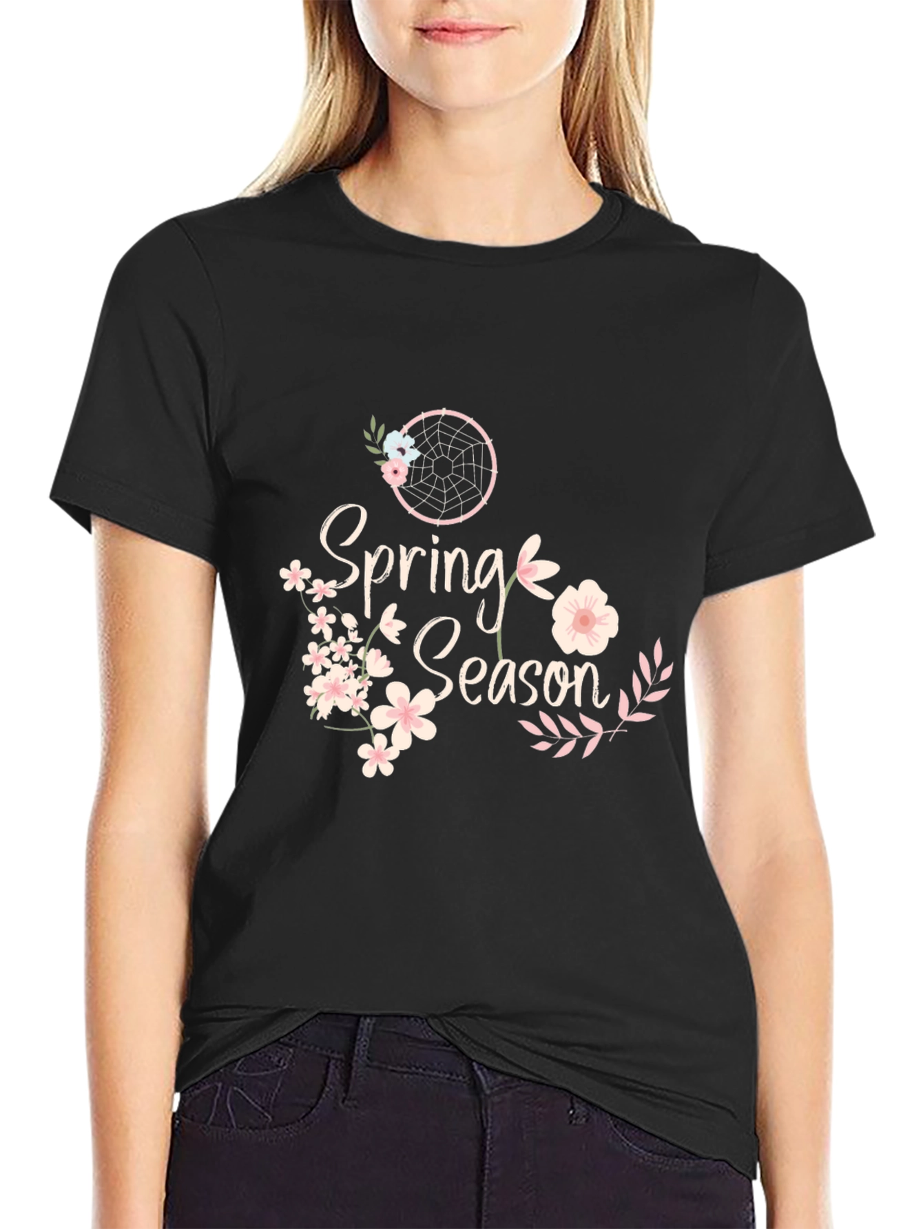 Spring Season Floral Graphic Black T-Shirt