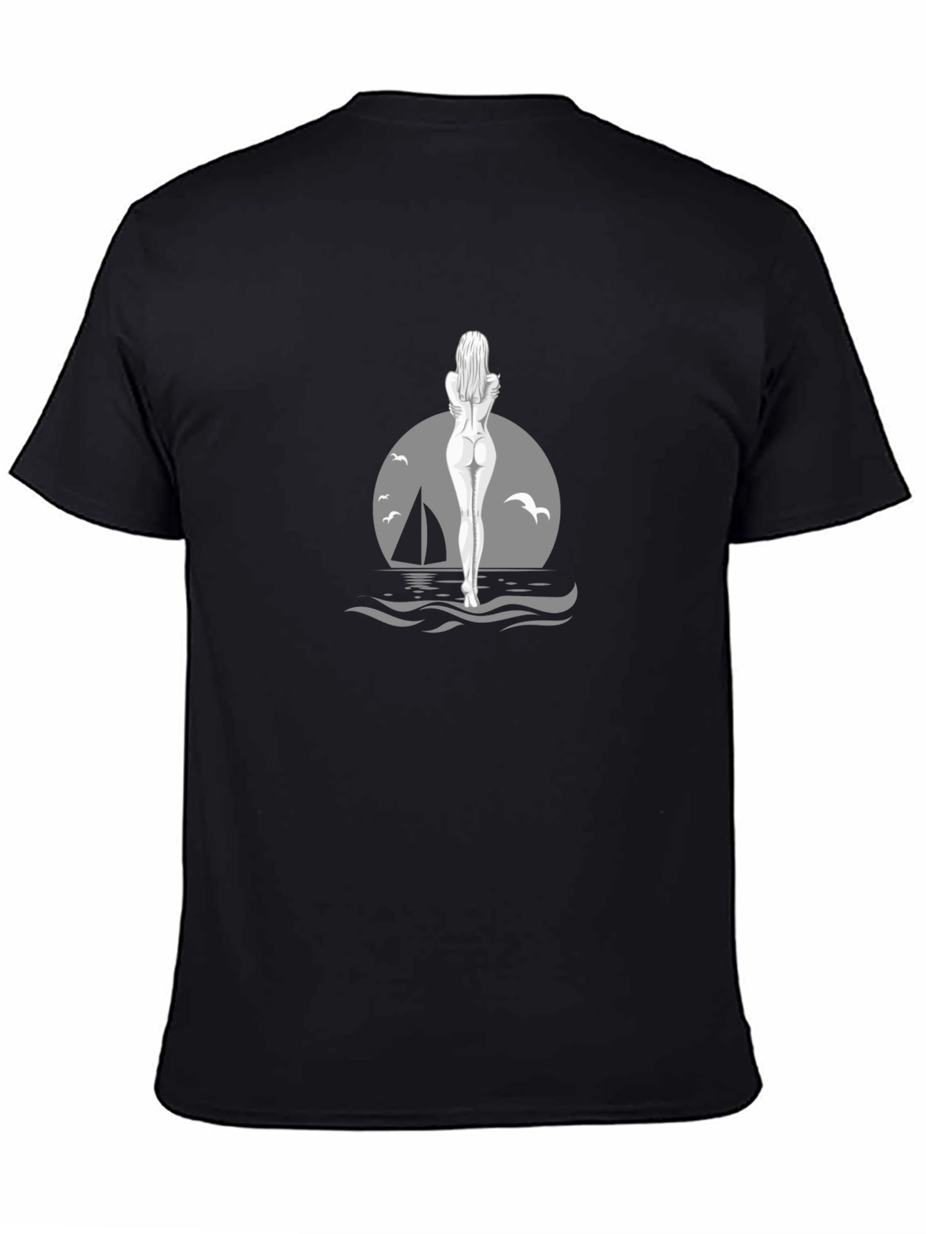 Black T-Shirt with Ocean Illustration