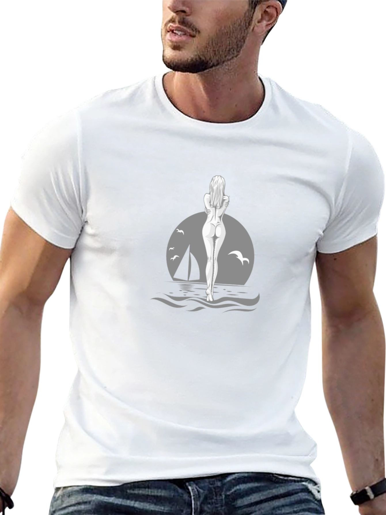 Black T-Shirt with Ocean Illustration