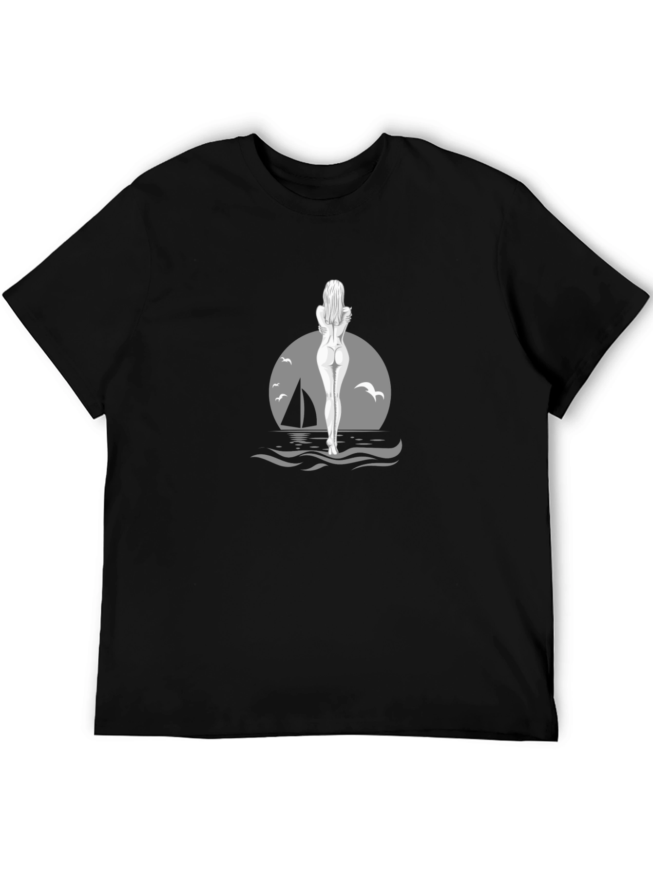 Black T-Shirt with Ocean Illustration