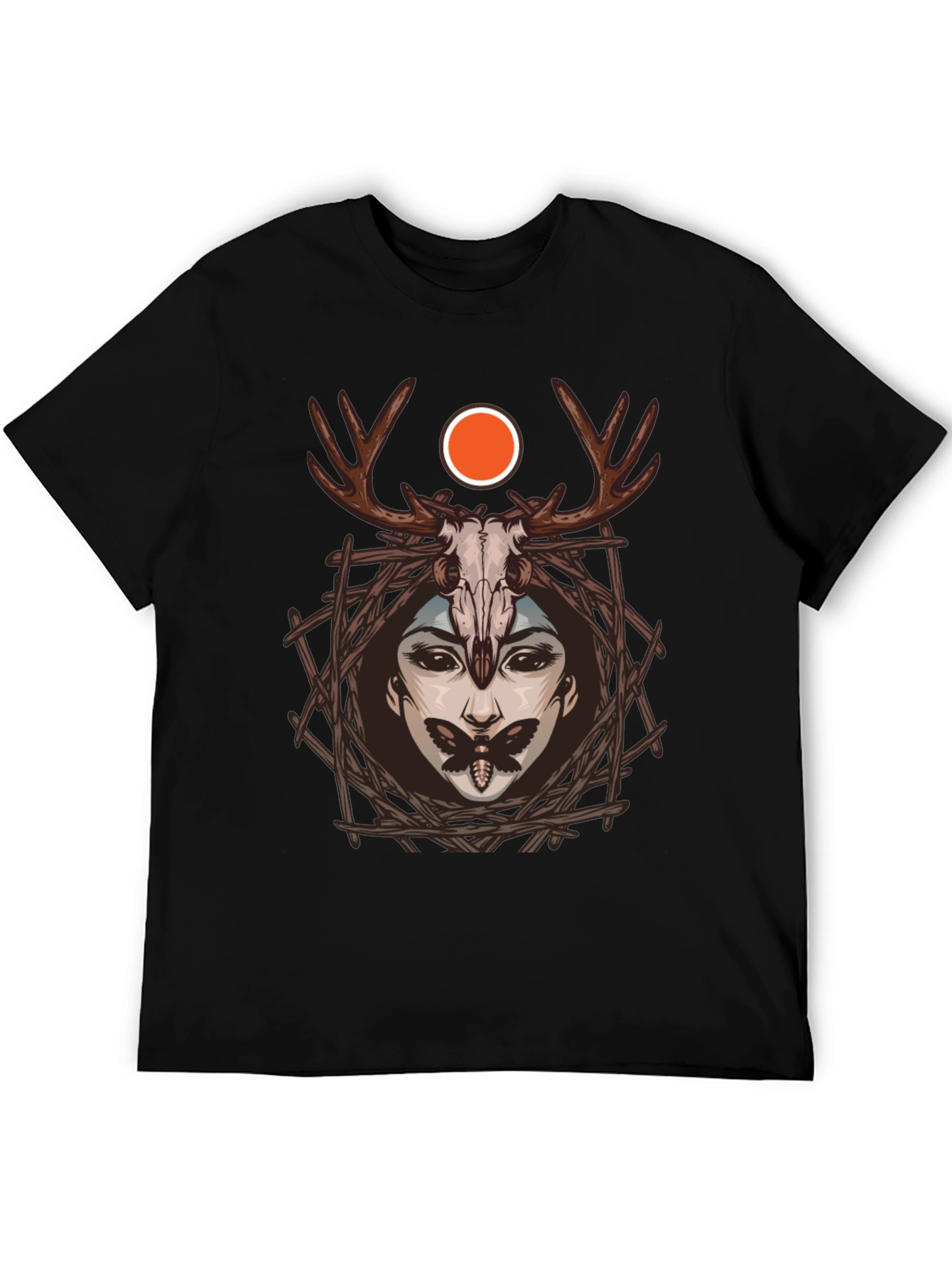 Dark Aesthetic Graphic Tee: Antler Skull & Moth Design
