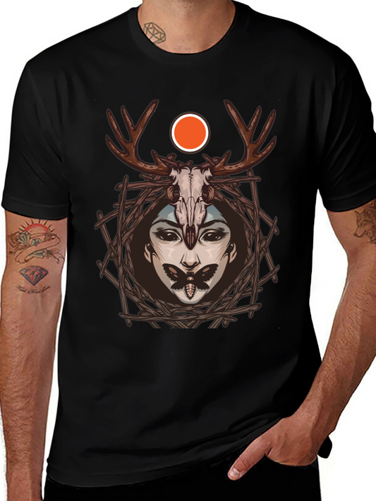 Dark Aesthetic Graphic Tee: Antler Skull & Moth Design