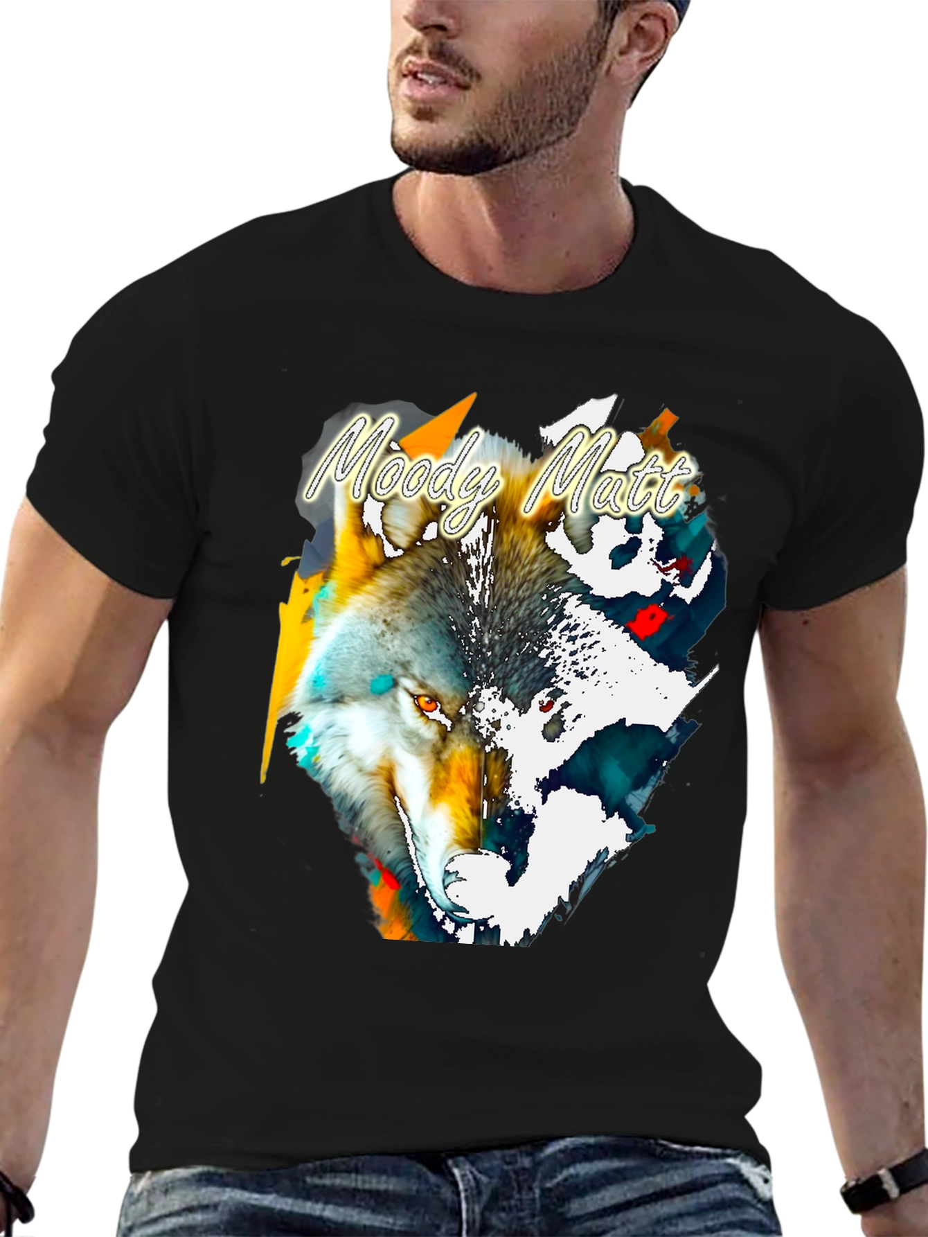 Moody Matt Wolf Graphic Tee - Artistic Mens T-Shirt