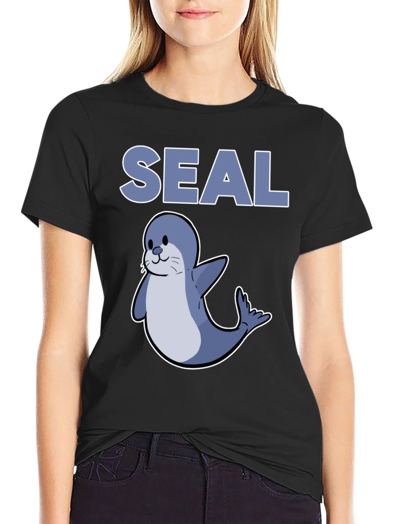 Cute Seal Graphic T-Shirt - Black
