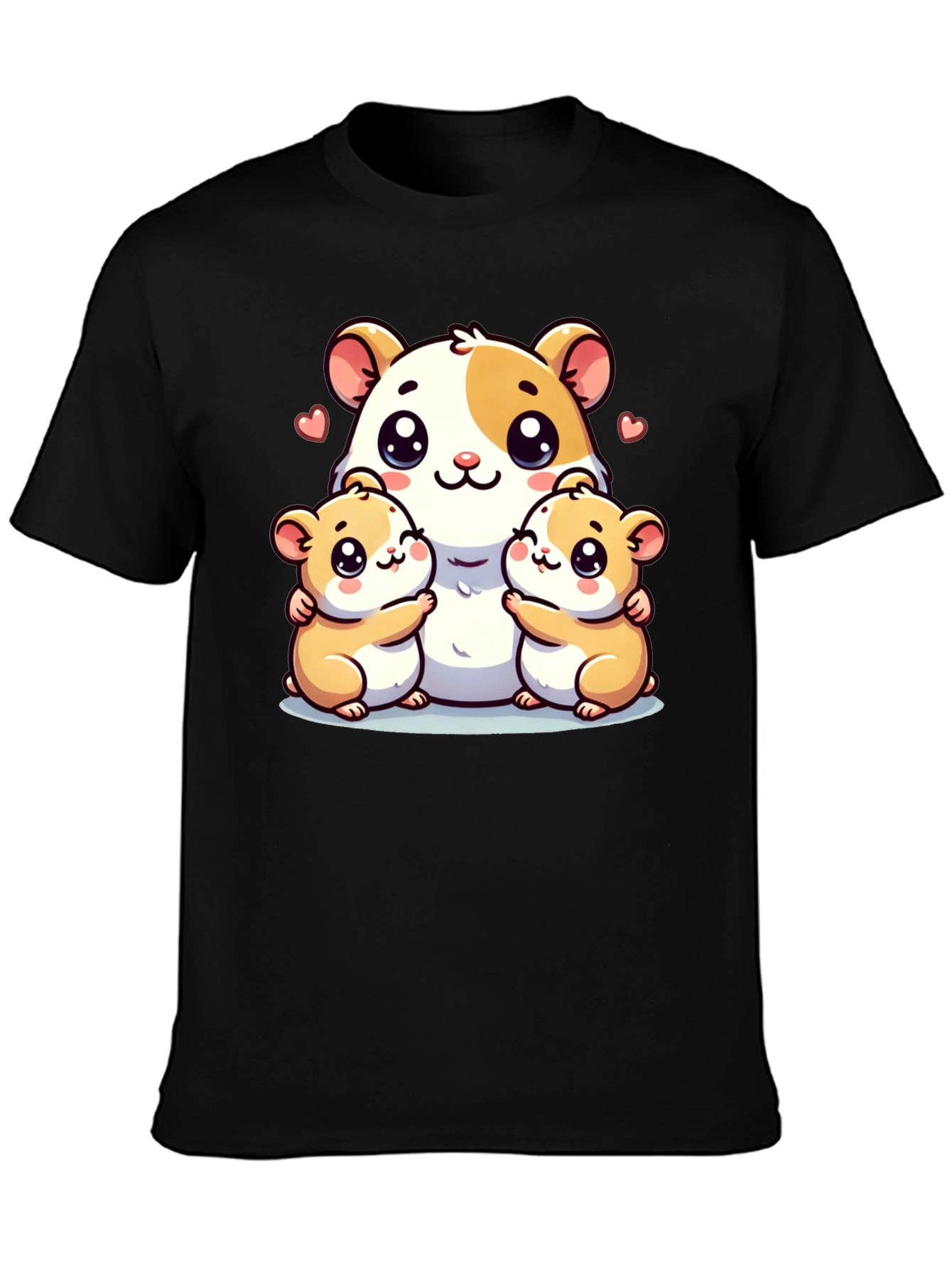 Cute Hamster Family Graphic Tee - Black Cotton Blend