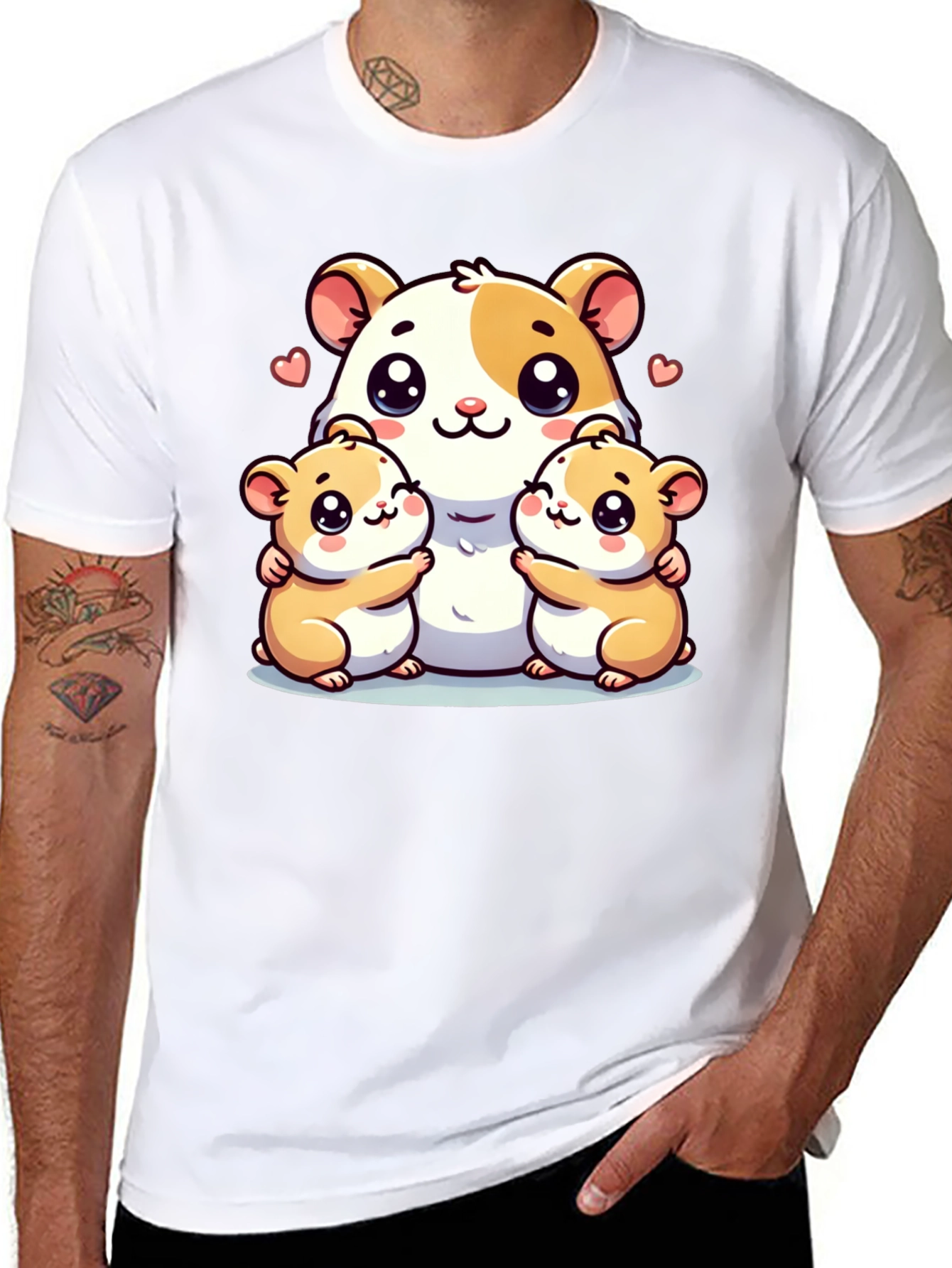 Cute Hamster Family Graphic Tee - Black Cotton Blend