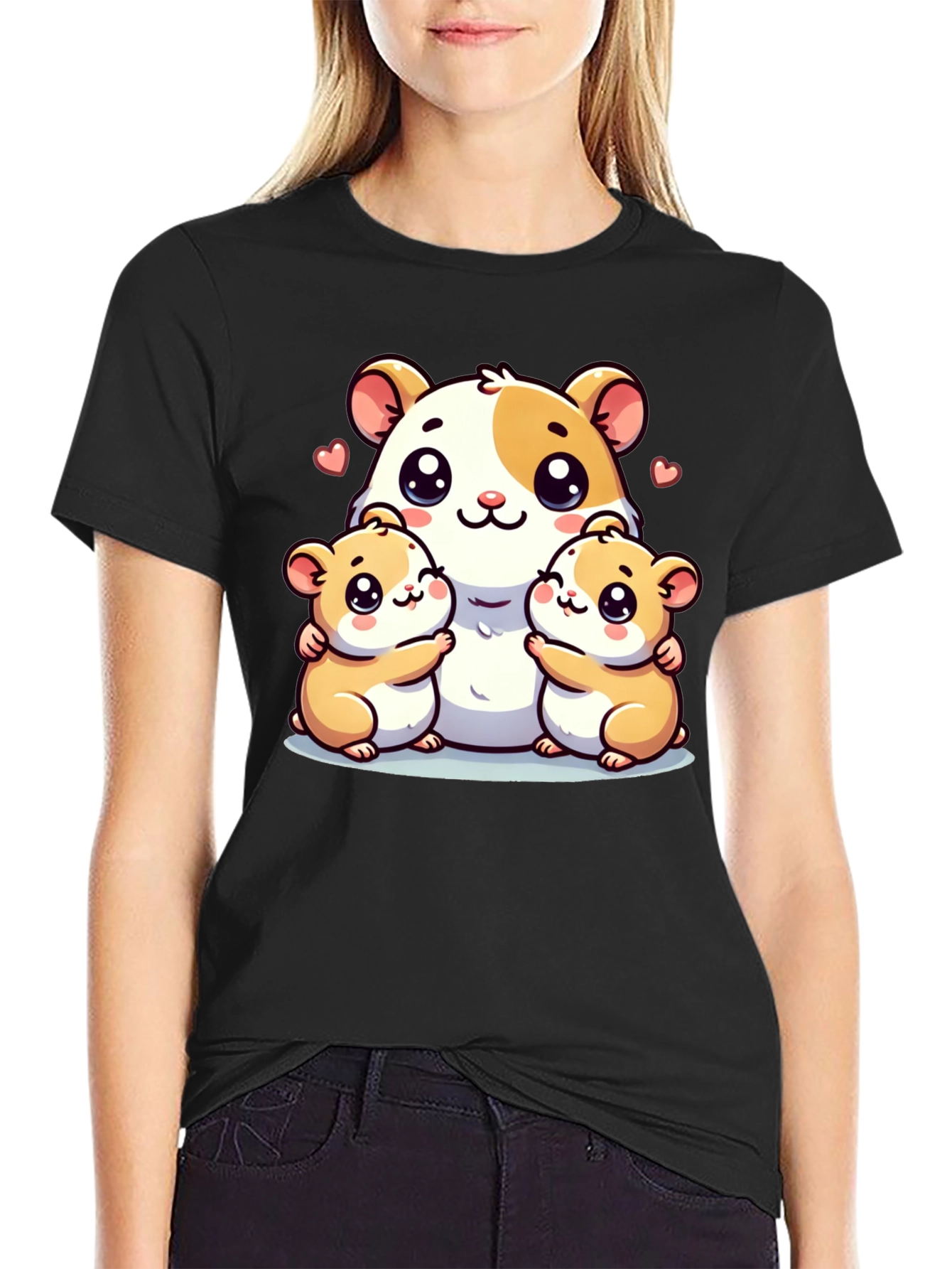 Cute Hamster Family Graphic Tee - Black Cotton Blend
