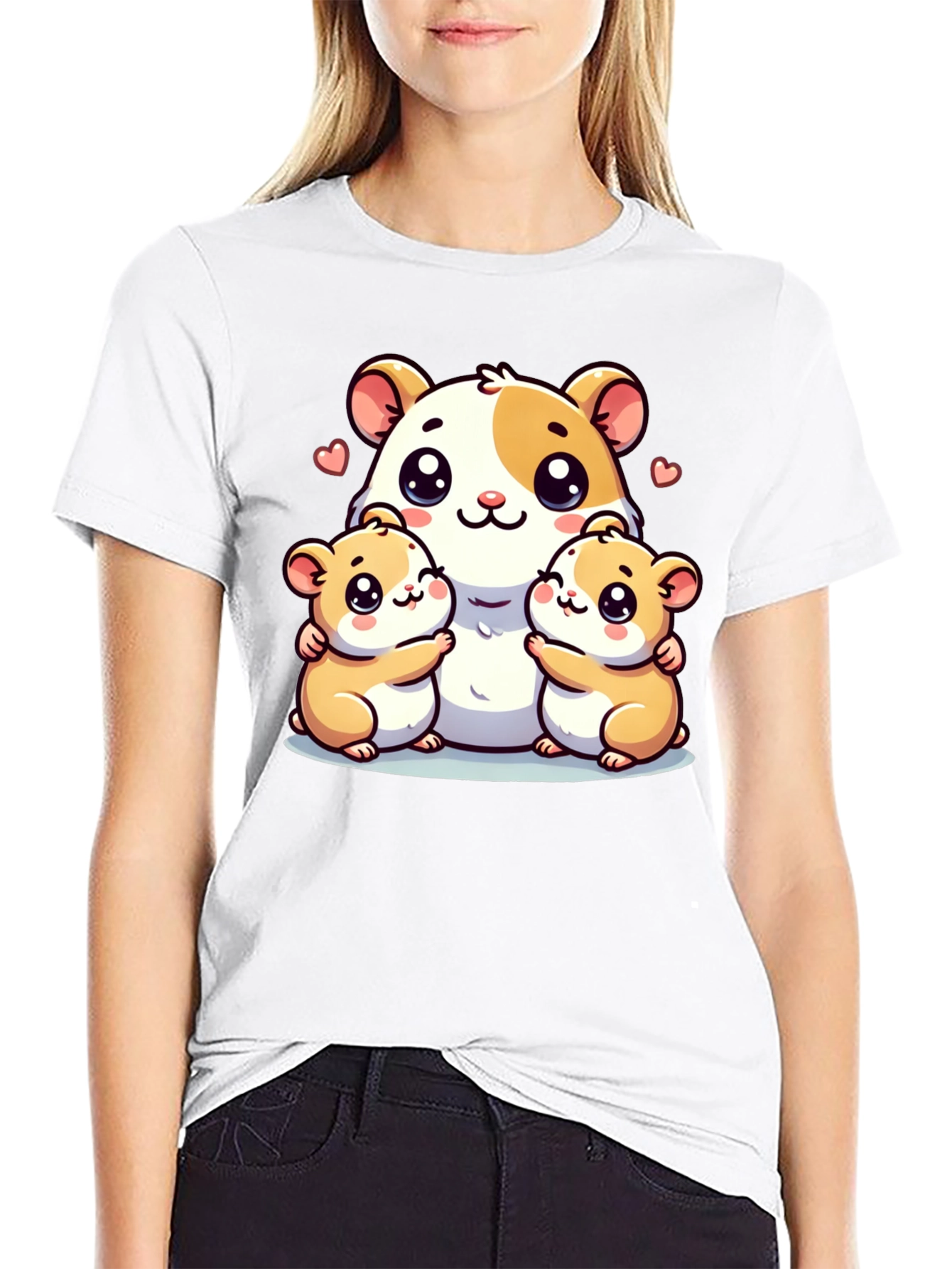 Cute Hamster Family Graphic Tee - Black Cotton Blend