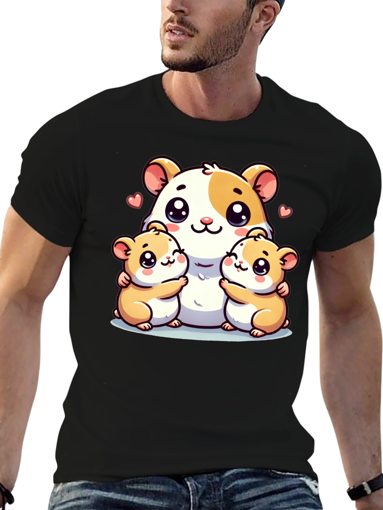 Cute Hamster Family Graphic Tee - Black Cotton Blend