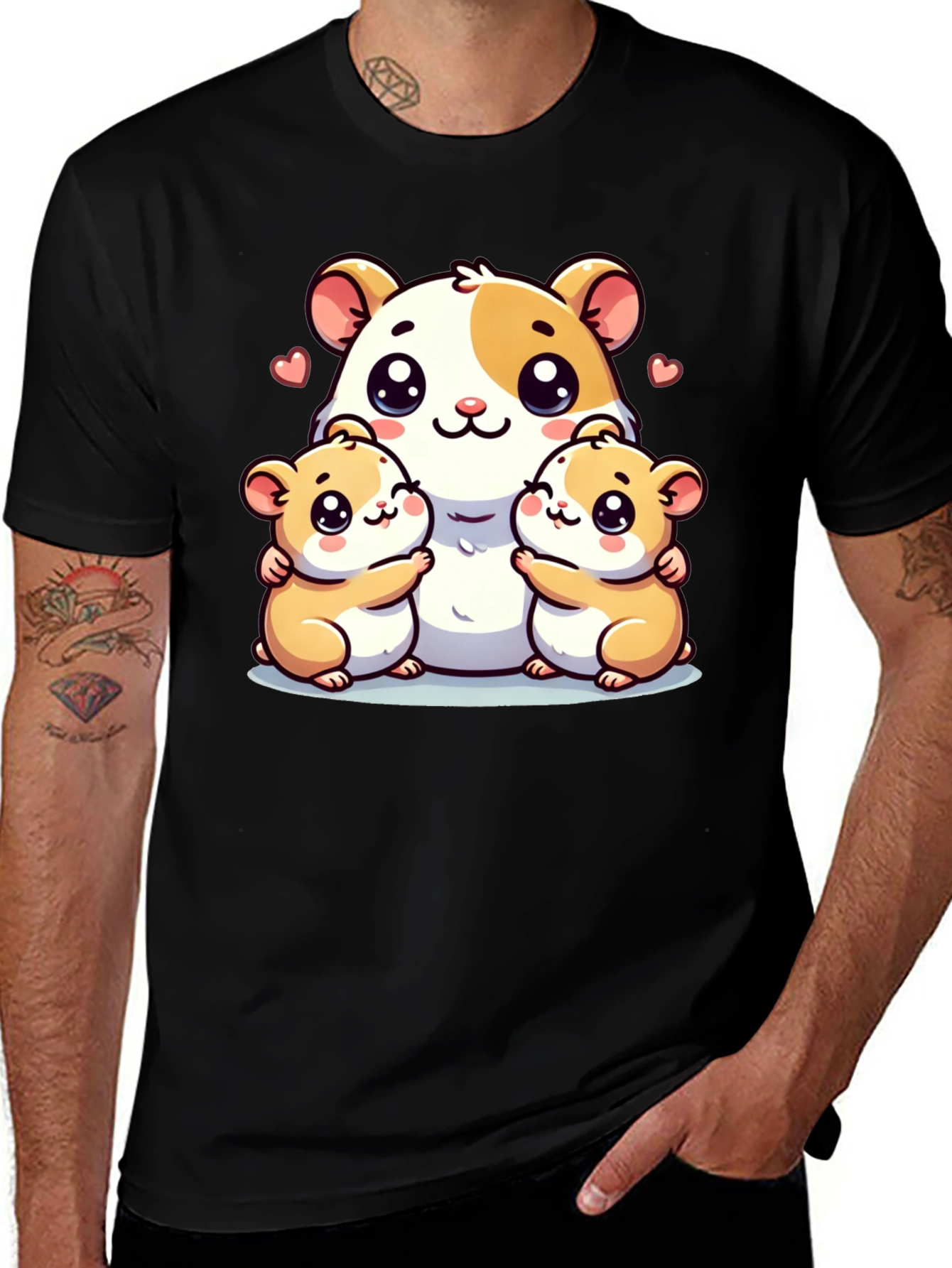 Cute Hamster Family Graphic Tee - Black Cotton Blend