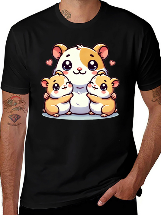 Cute Hamster Family Graphic Tee - Black Cotton Blend