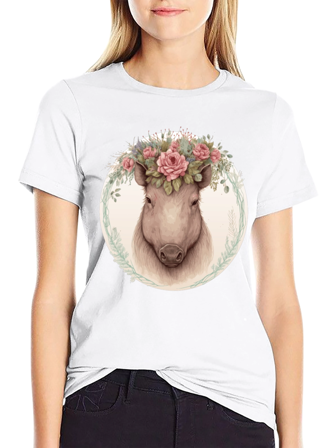 Floral Pig Graphic Tee - Trendy Animal Shirt