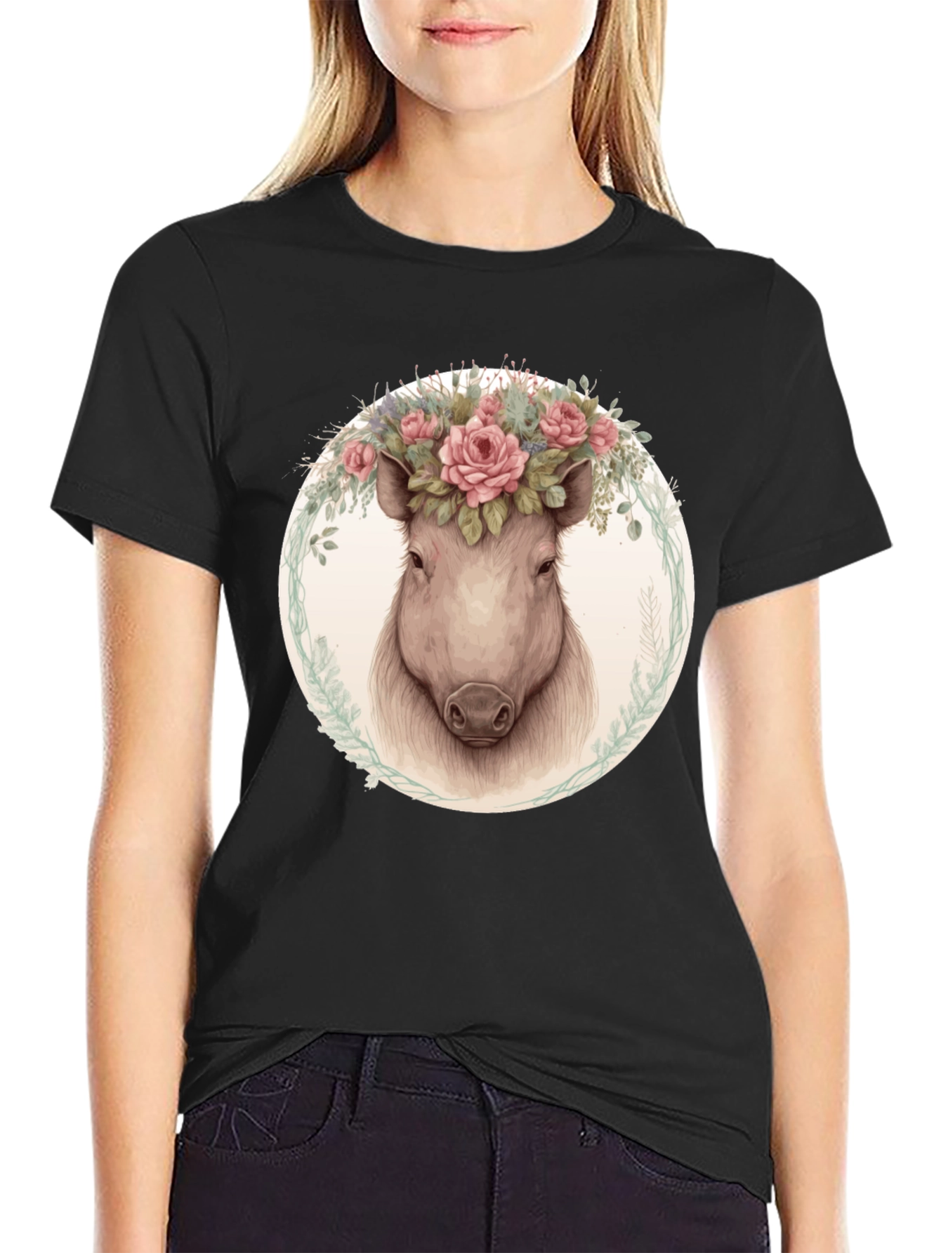 Floral Pig Graphic Tee - Trendy Animal Shirt