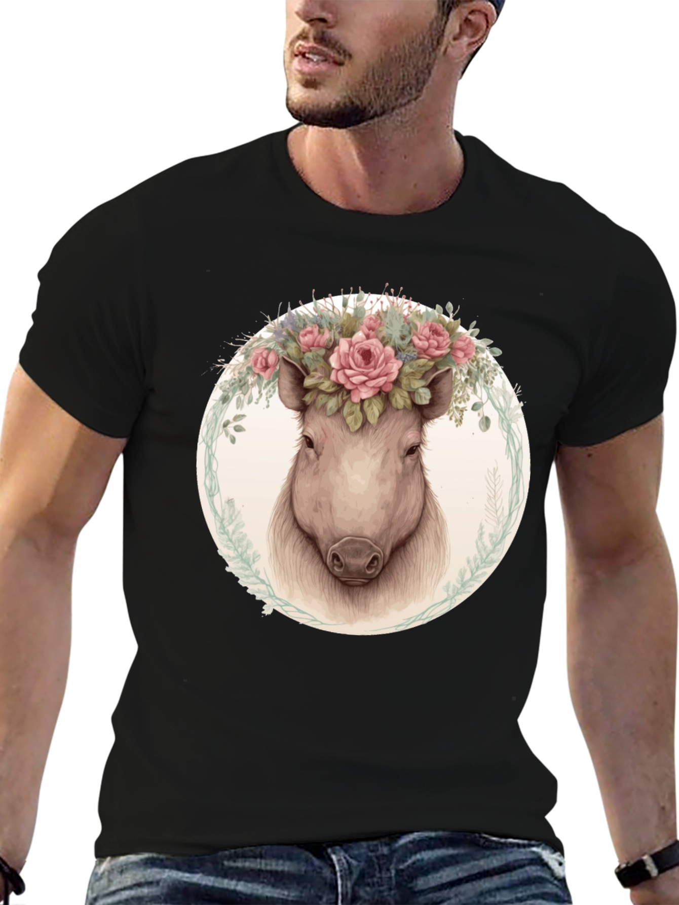 Floral Pig Graphic Tee - Trendy Animal Shirt
