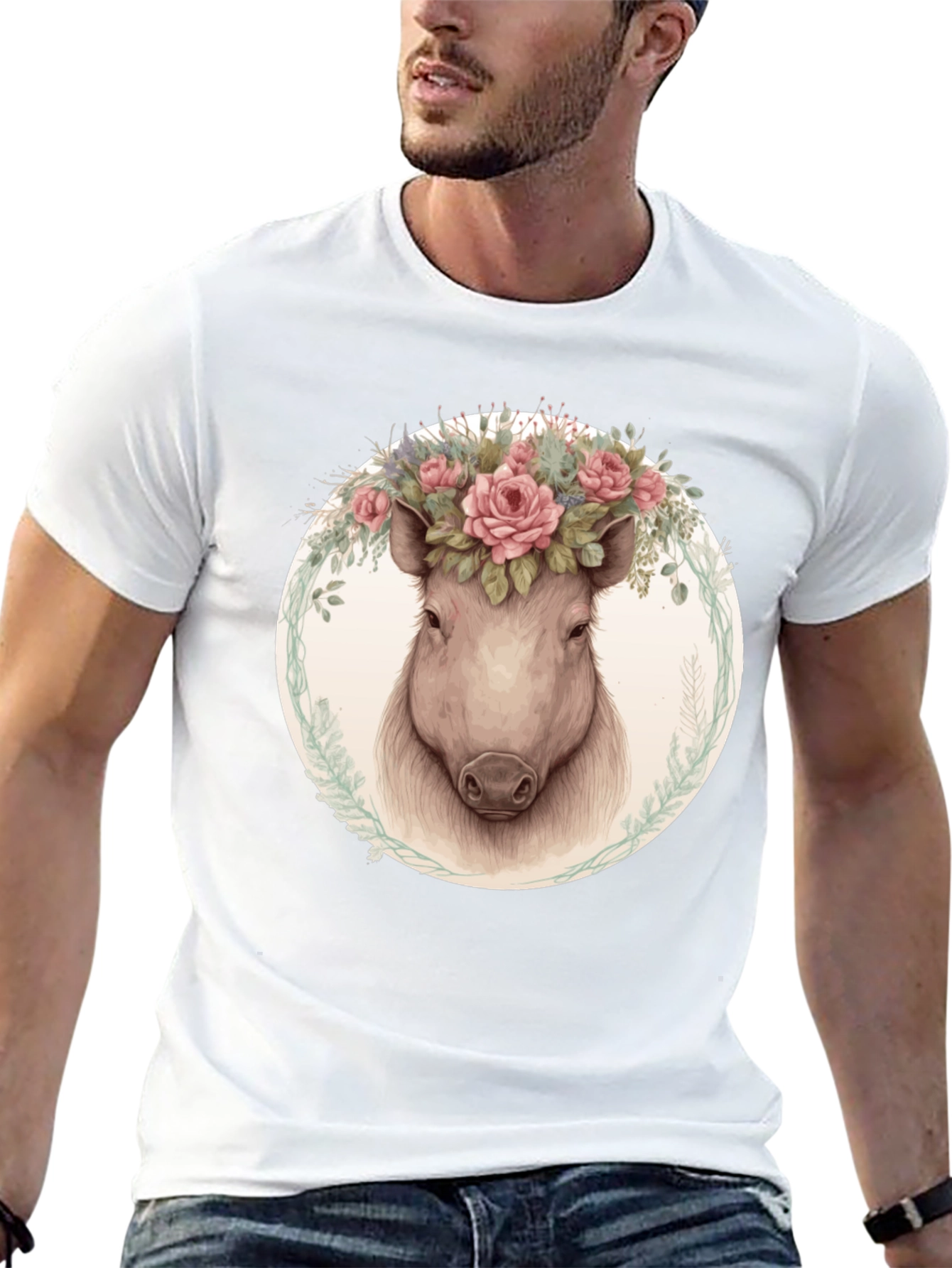 Floral Pig Graphic Tee - Trendy Animal Shirt