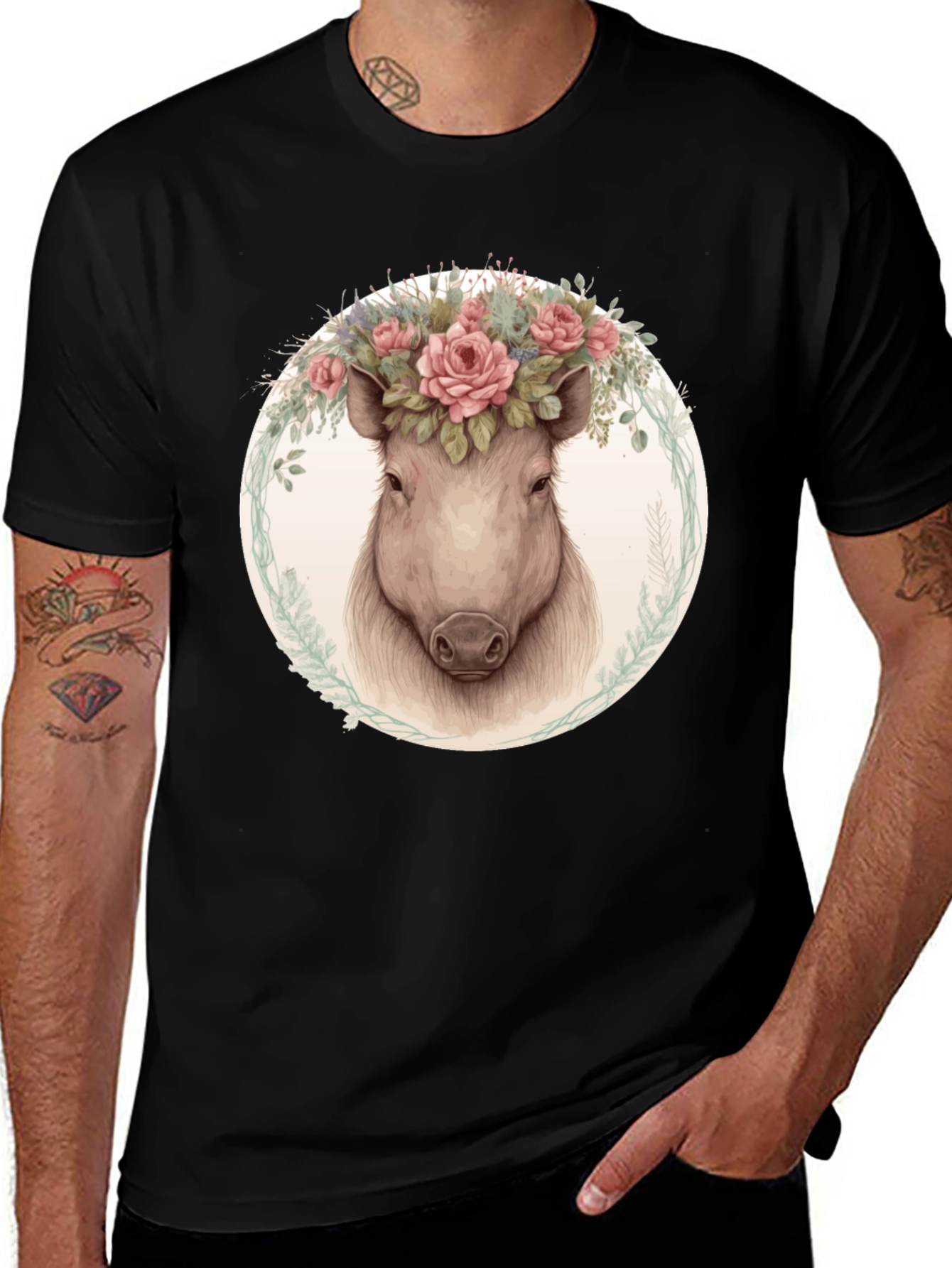 Floral Pig Graphic Tee - Trendy Animal Shirt