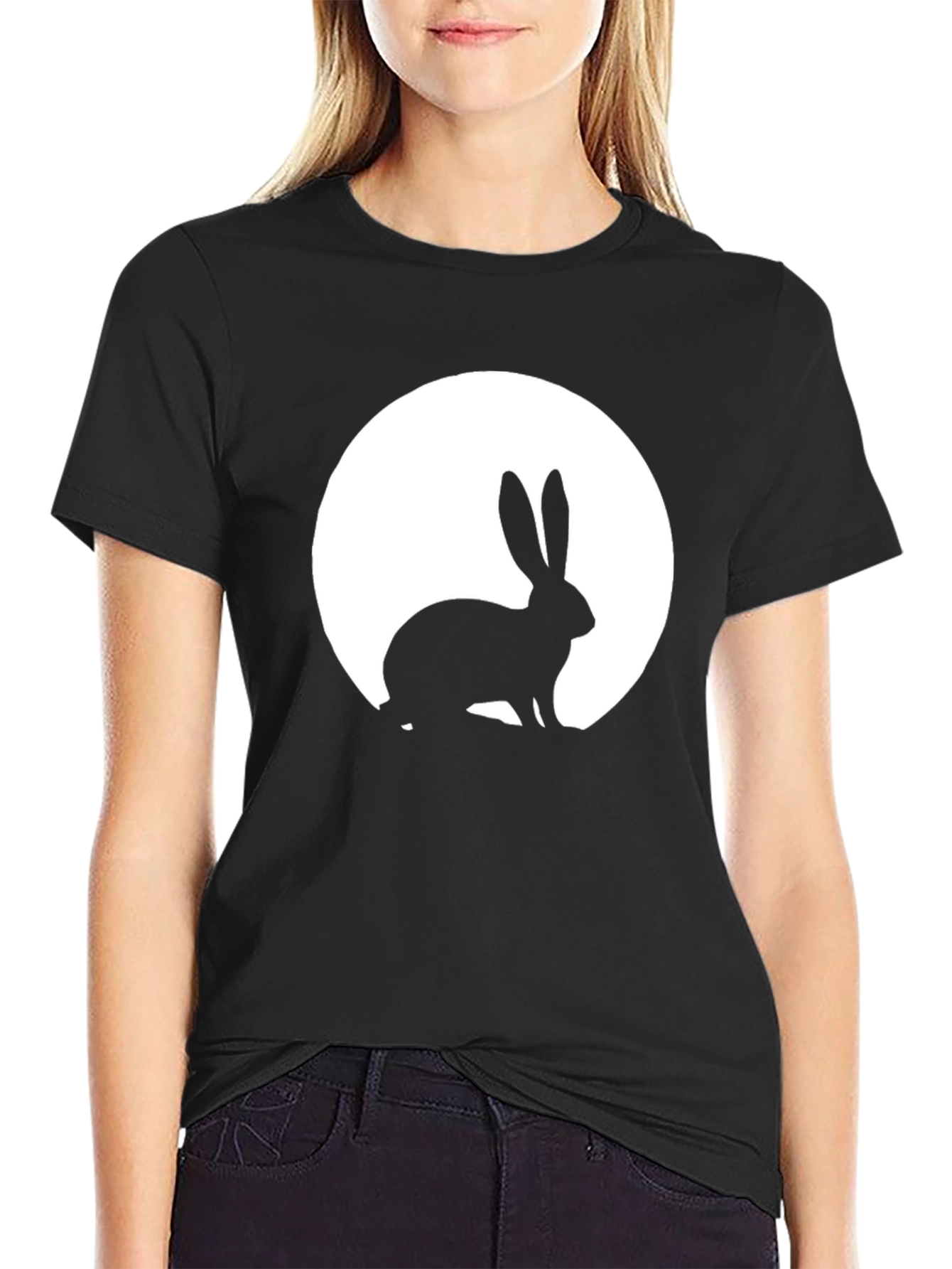 Rabbit Moon Graphic Tee - Black Cotton T-Shirt