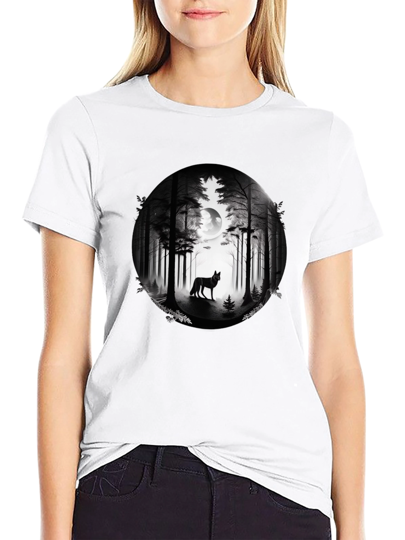 Wolf Forest Moon Graphic Tee - Black