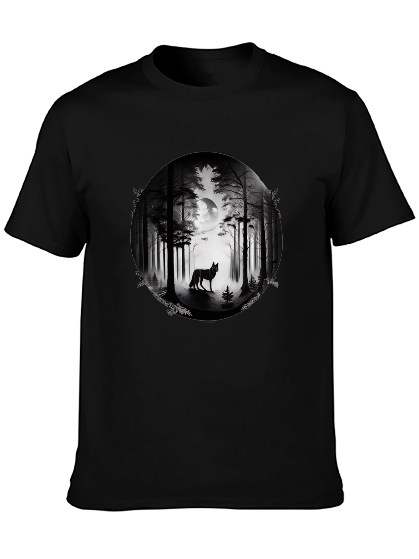 Wolf Forest Moon Graphic Tee - Black