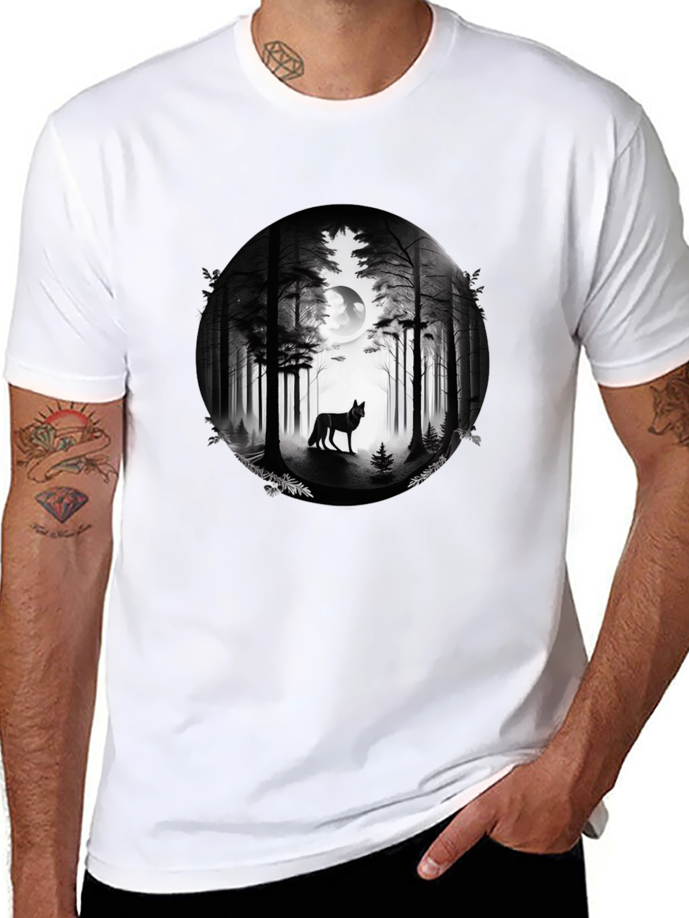 Wolf Forest Moon Graphic Tee - Black