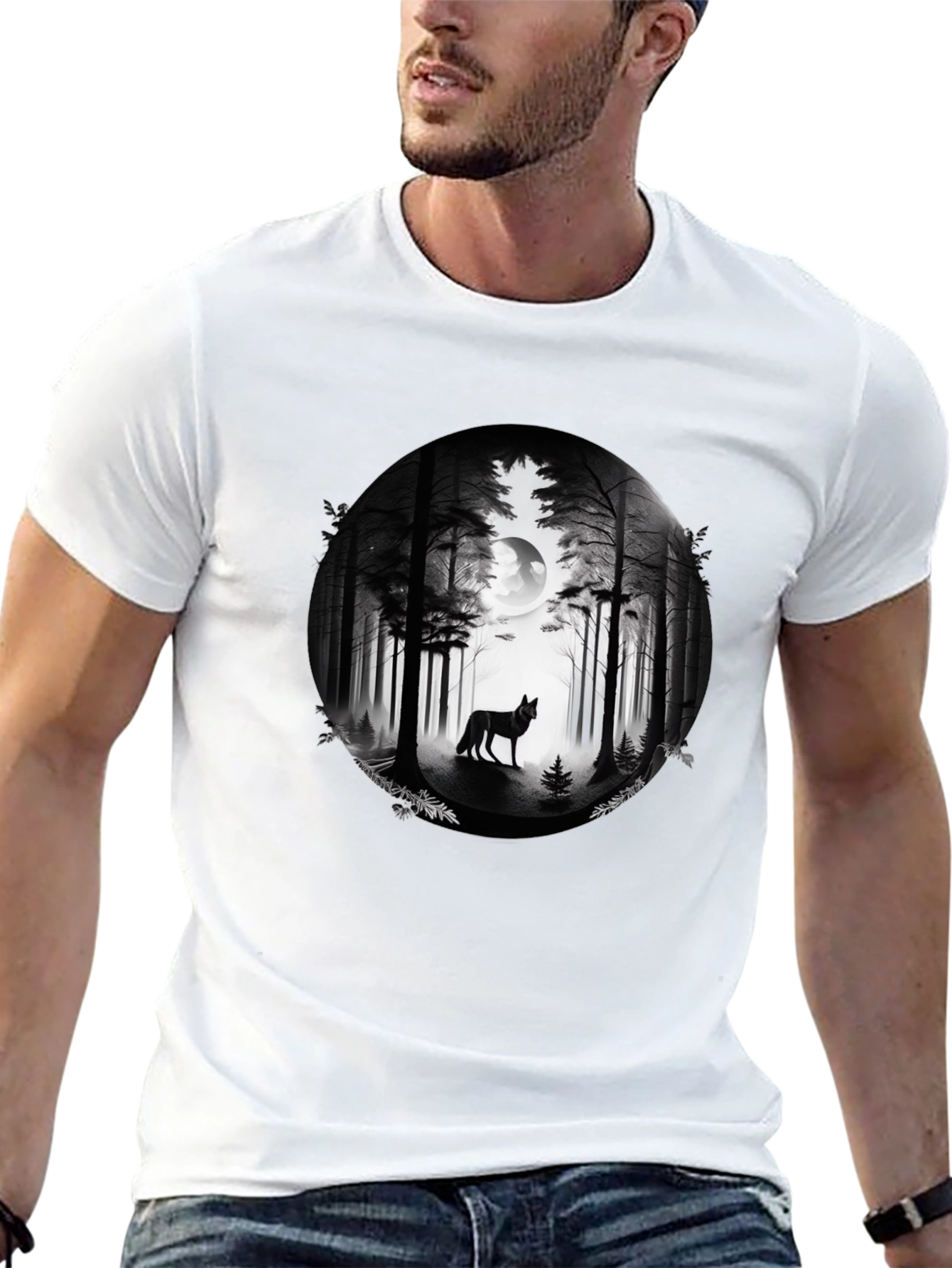 Wolf Forest Moon Graphic Tee - Black