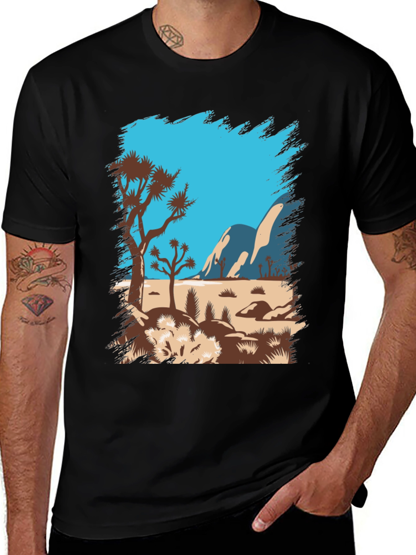 Desert Scene Graphic Tee - Black Cotton T-Shirt