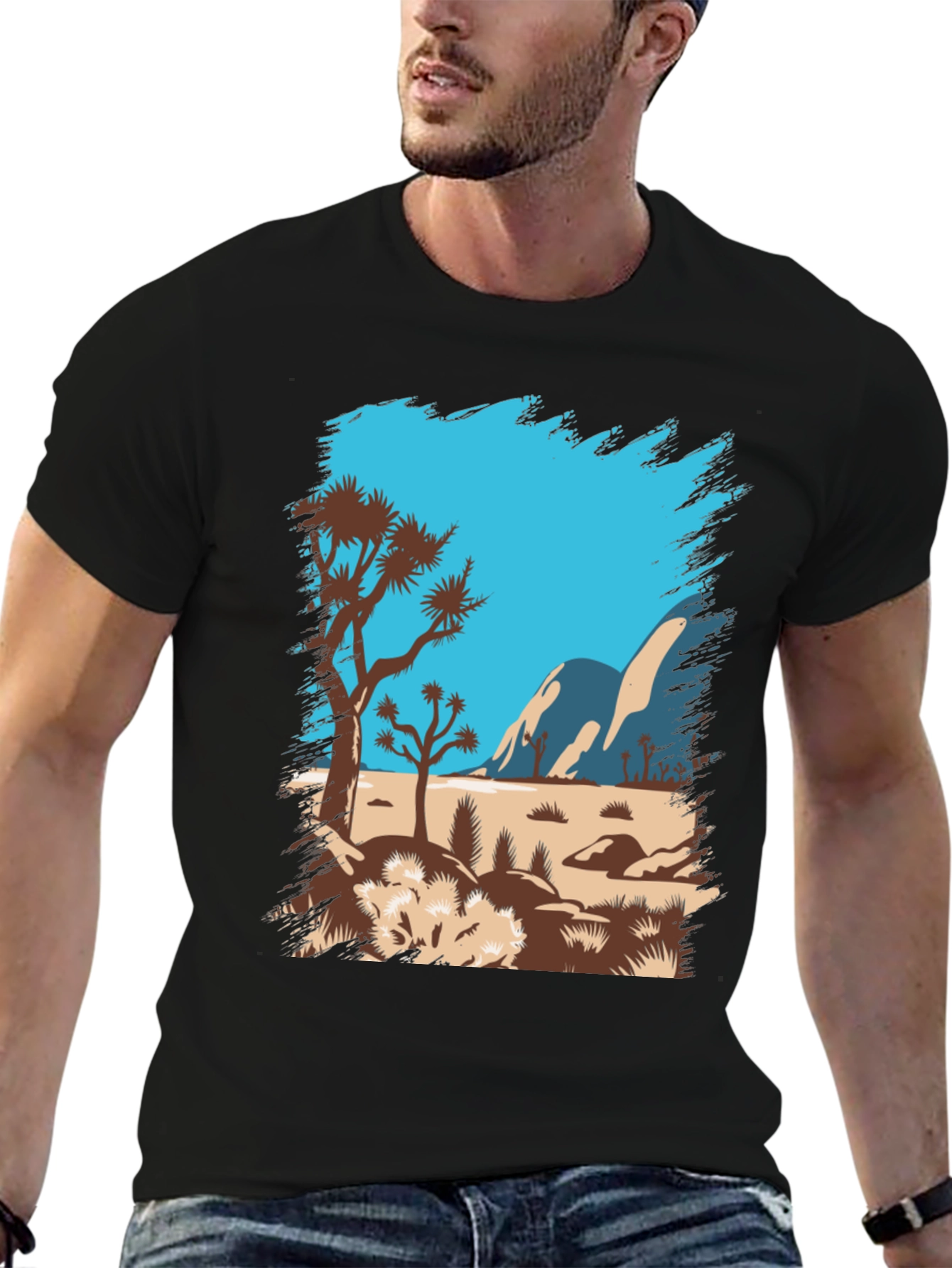 Desert Scene Graphic Tee - Black Cotton T-Shirt