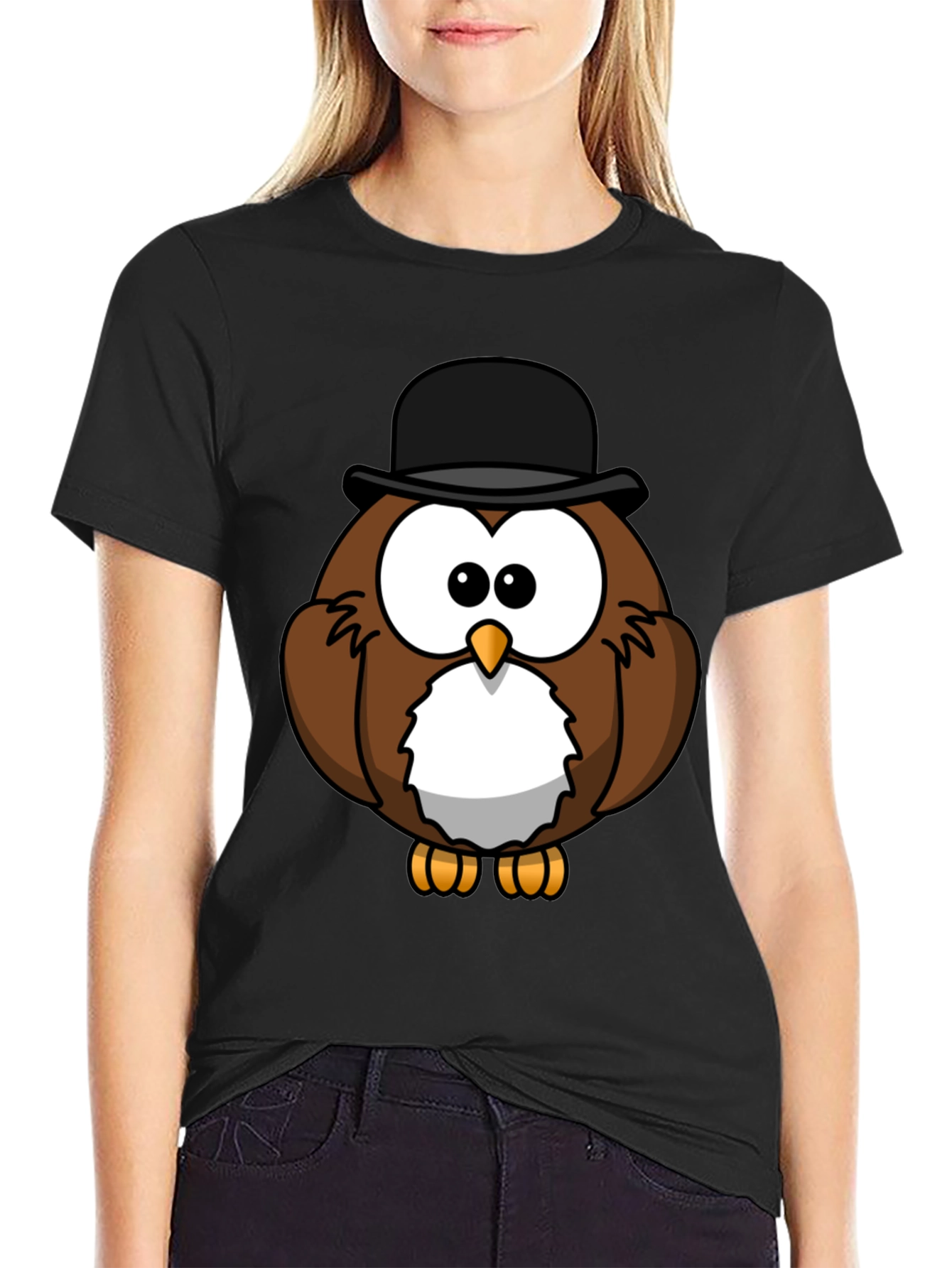 Whimsical Owl Graphic Tee - Black Cotton Blend