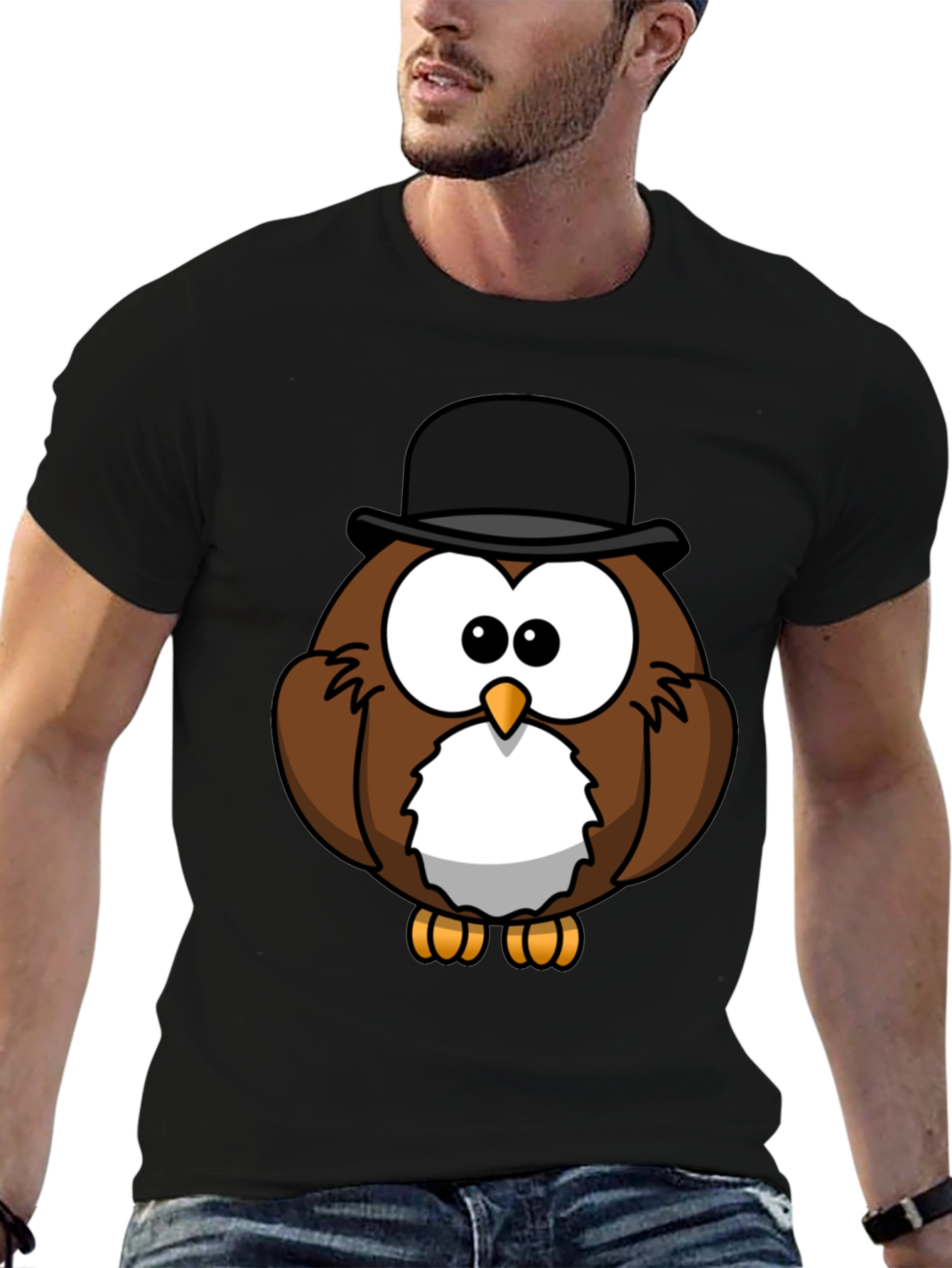 Whimsical Owl Graphic Tee - Black Cotton Blend