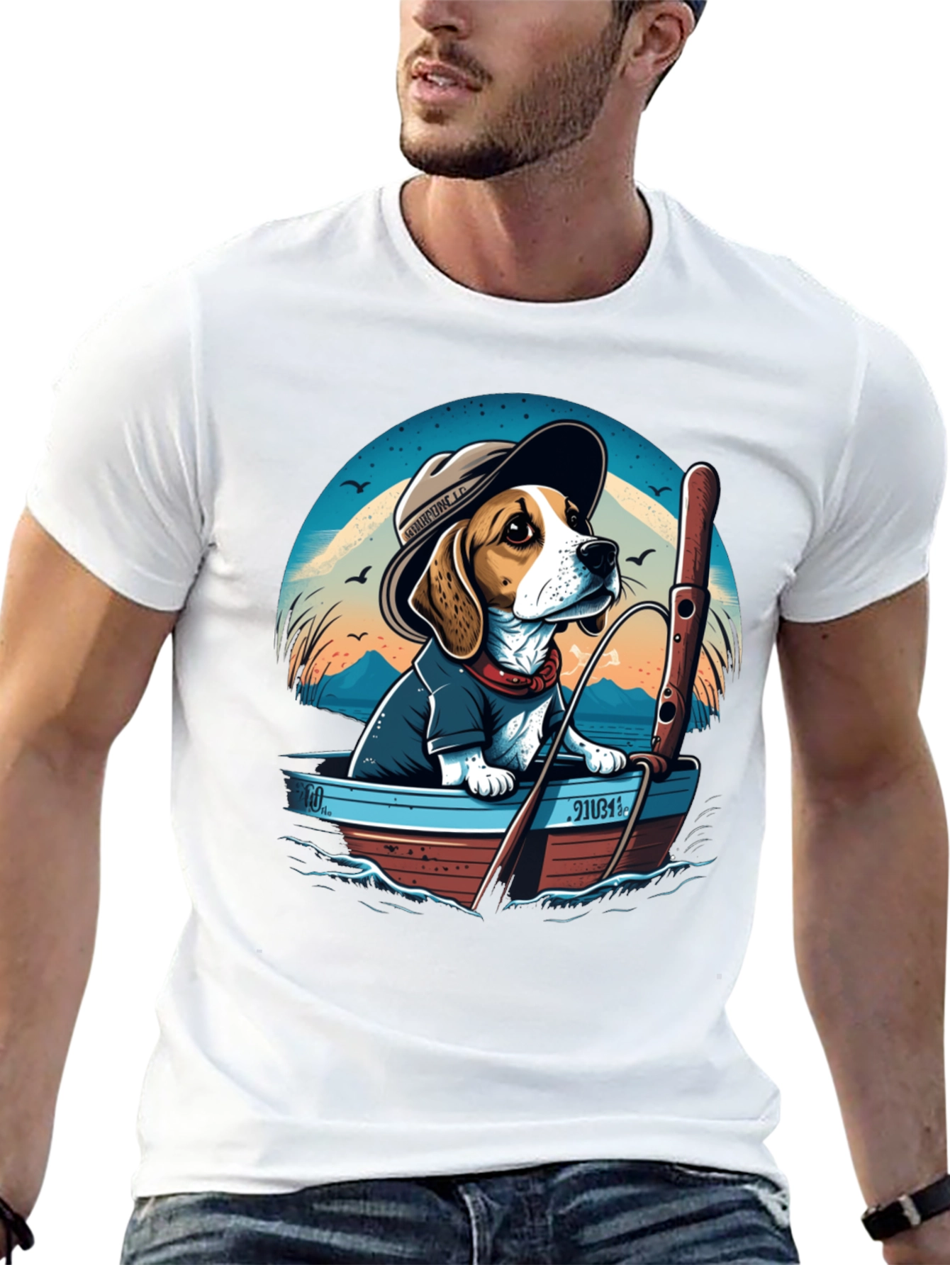Beagle Dog Fishing Boat Graphic Tee
