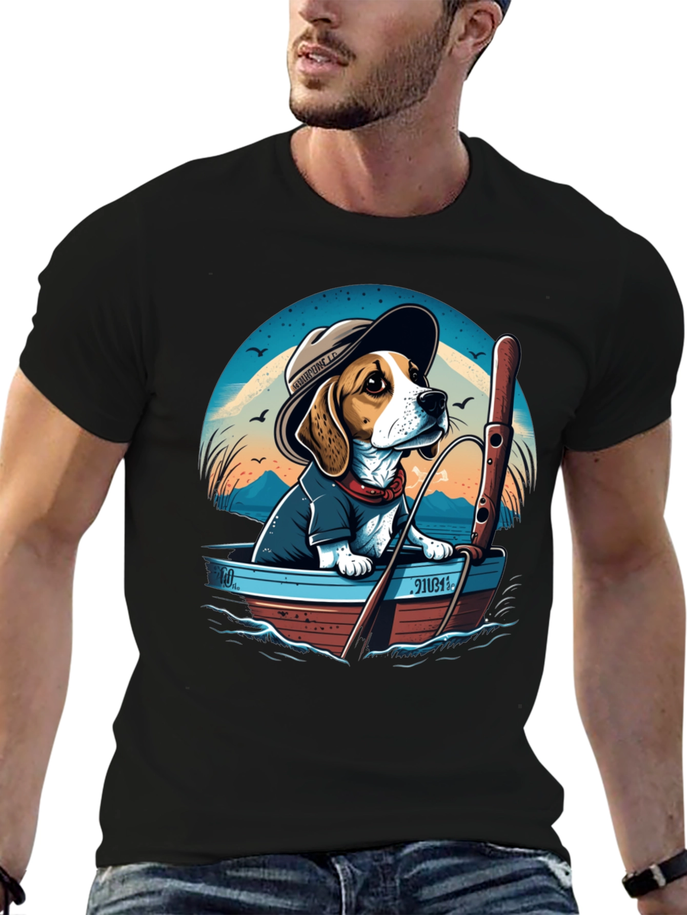 Beagle Dog Fishing Boat Graphic Tee
