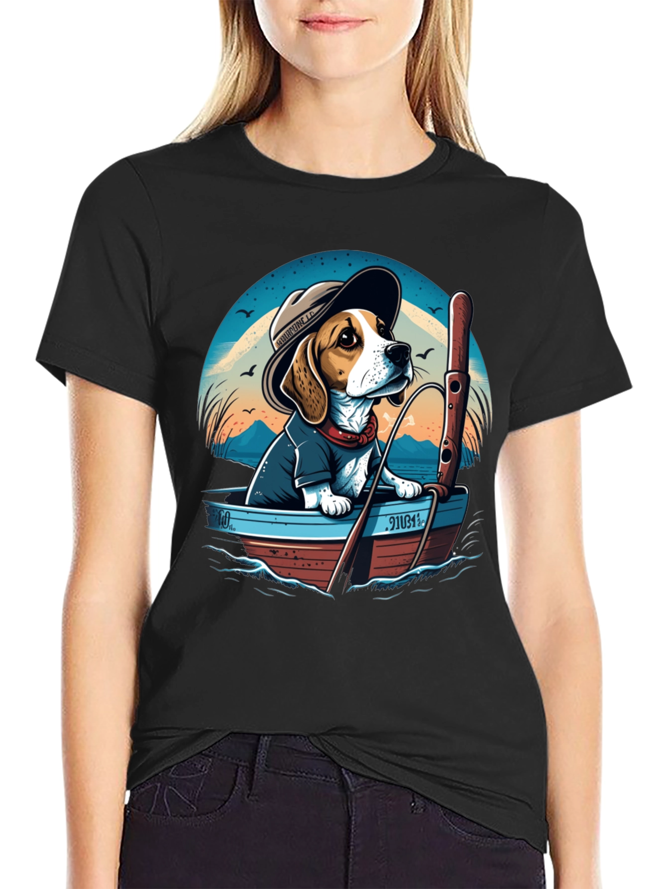 Beagle Dog Fishing Boat Graphic Tee