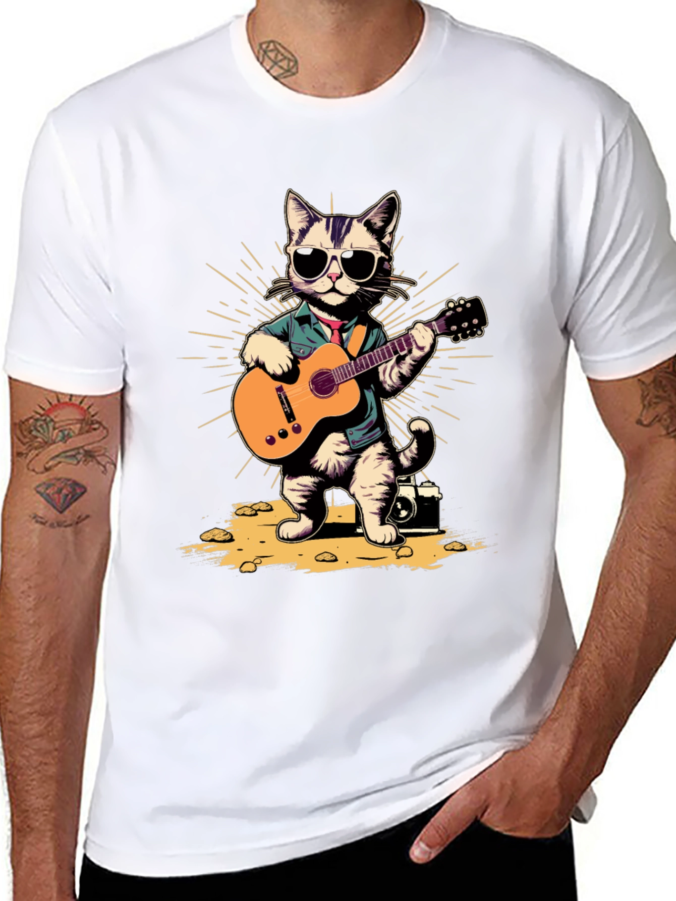 Cool Cat Guitarist Graphic T-Shirt