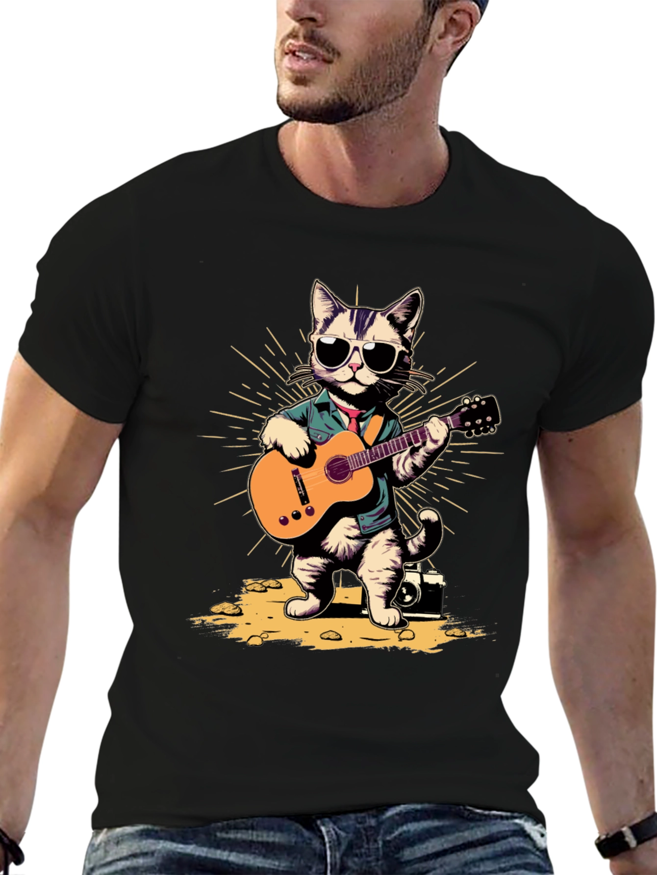 Cool Cat Guitarist Graphic T-Shirt