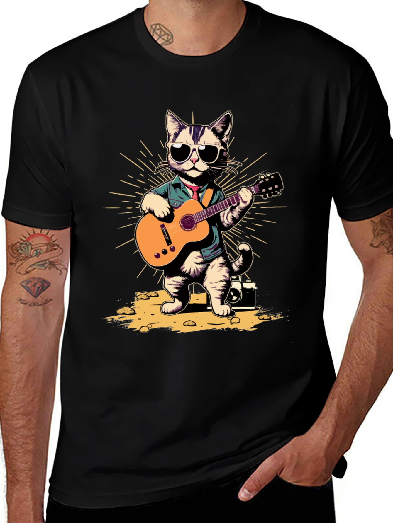 Cool Cat Guitarist Graphic T-Shirt