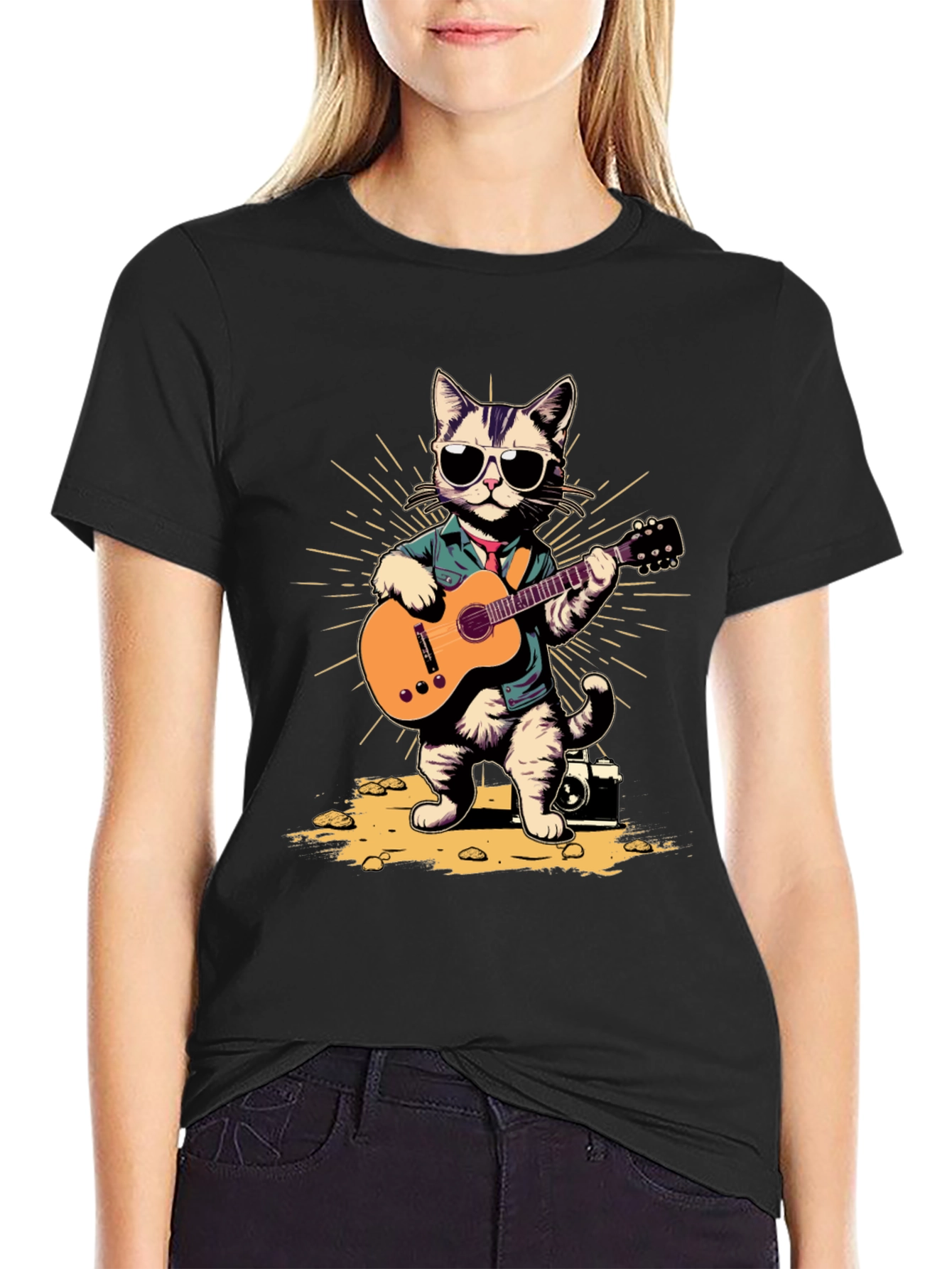Cool Cat Guitarist Graphic T-Shirt