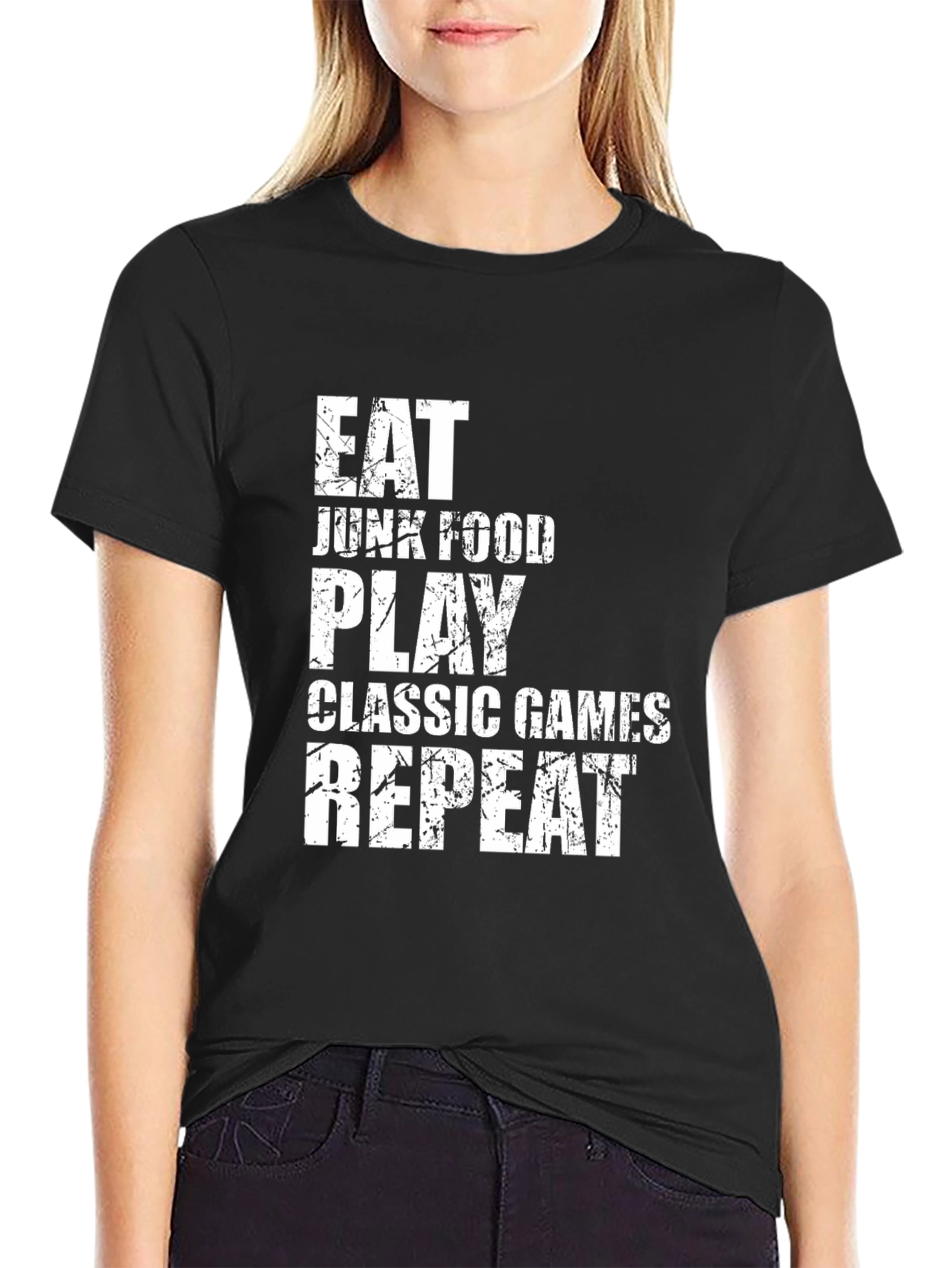 Eat Junk Food Play Games Black Graphic Tee