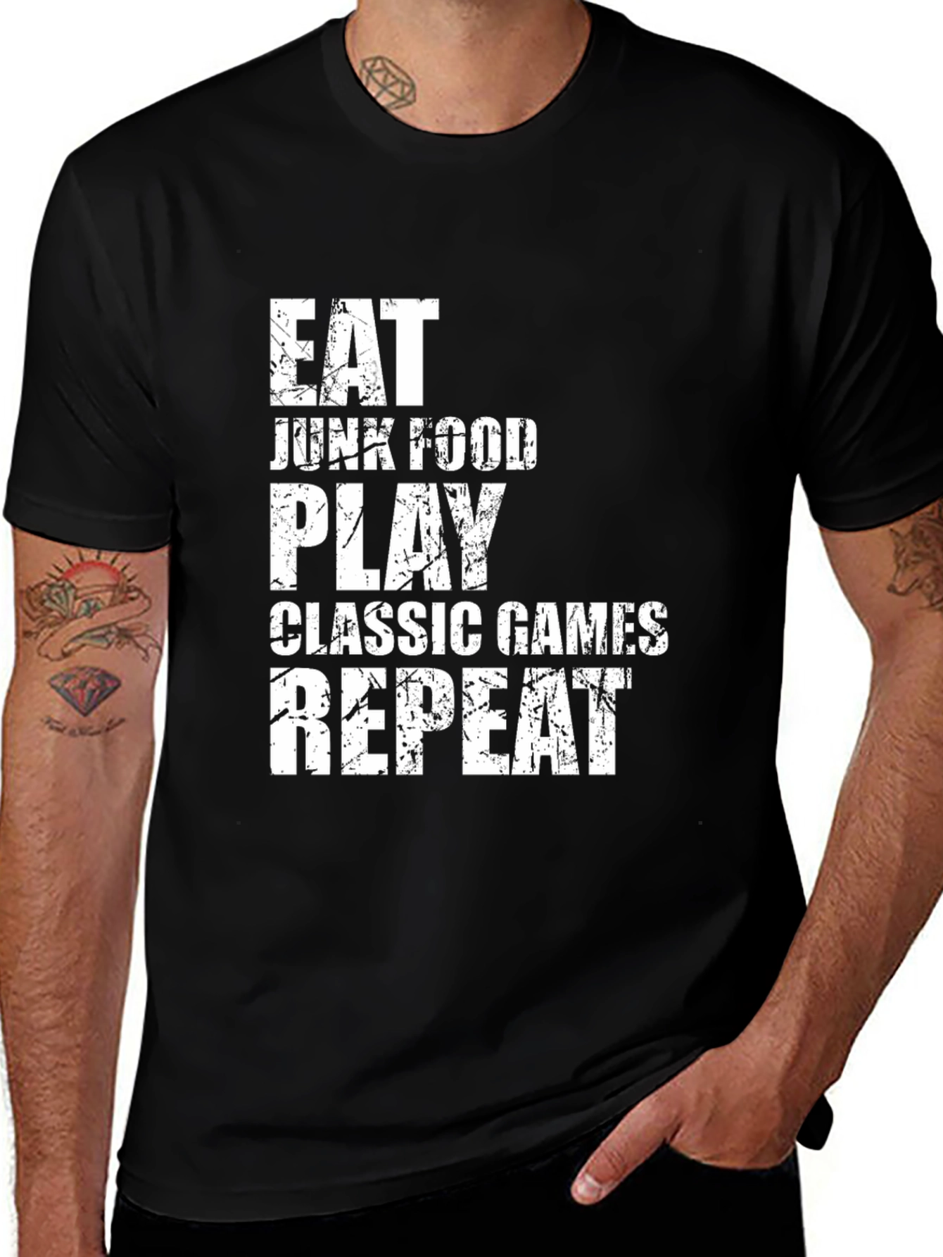 Eat Junk Food Play Games Black Graphic Tee