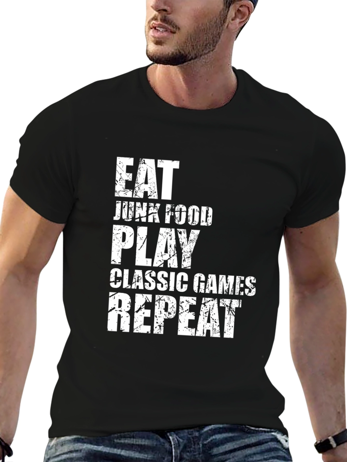 Eat Junk Food Play Games Black Graphic Tee