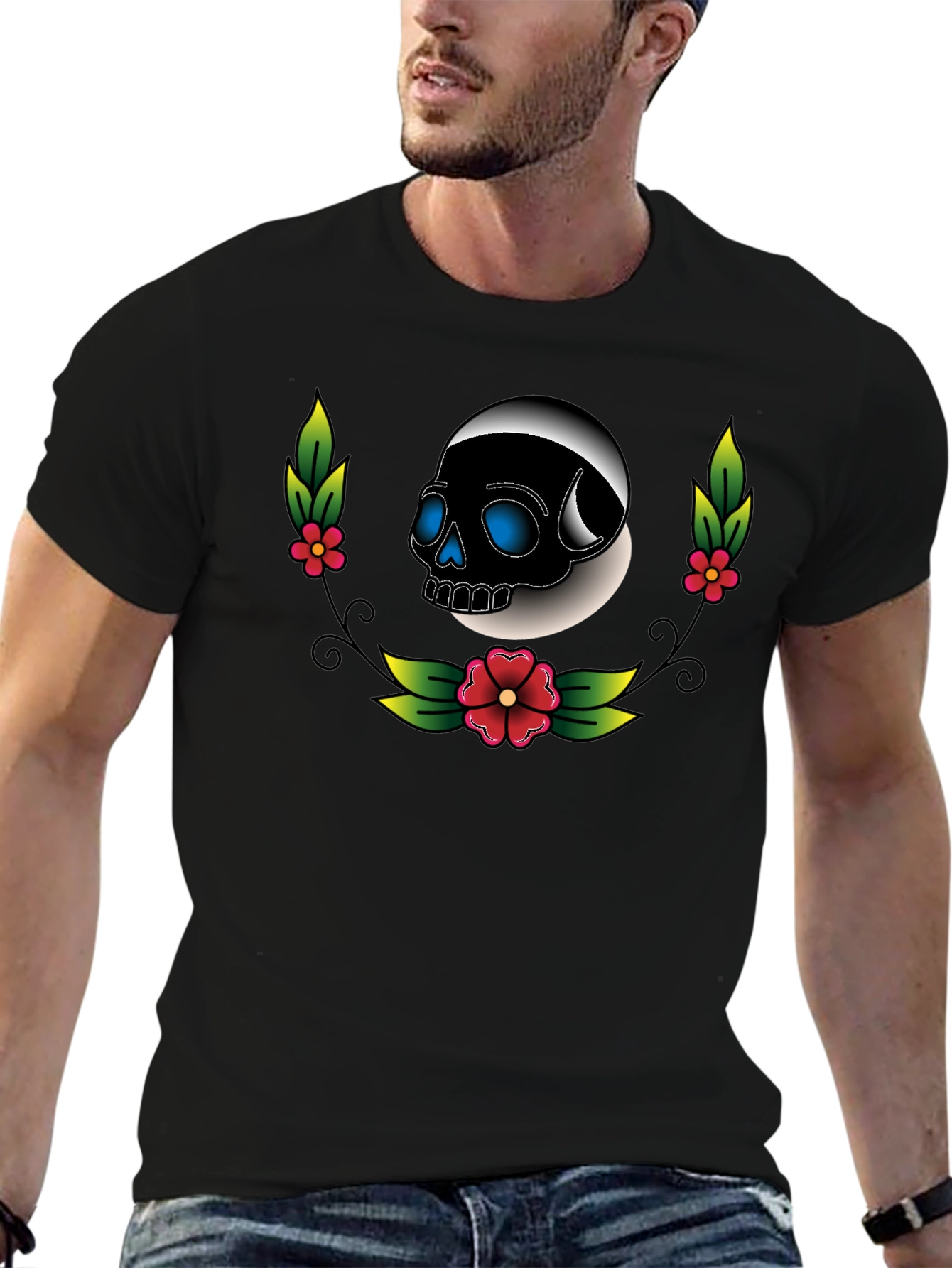 Skull Floral Graphic Tee - Unisex Black T-Shirt