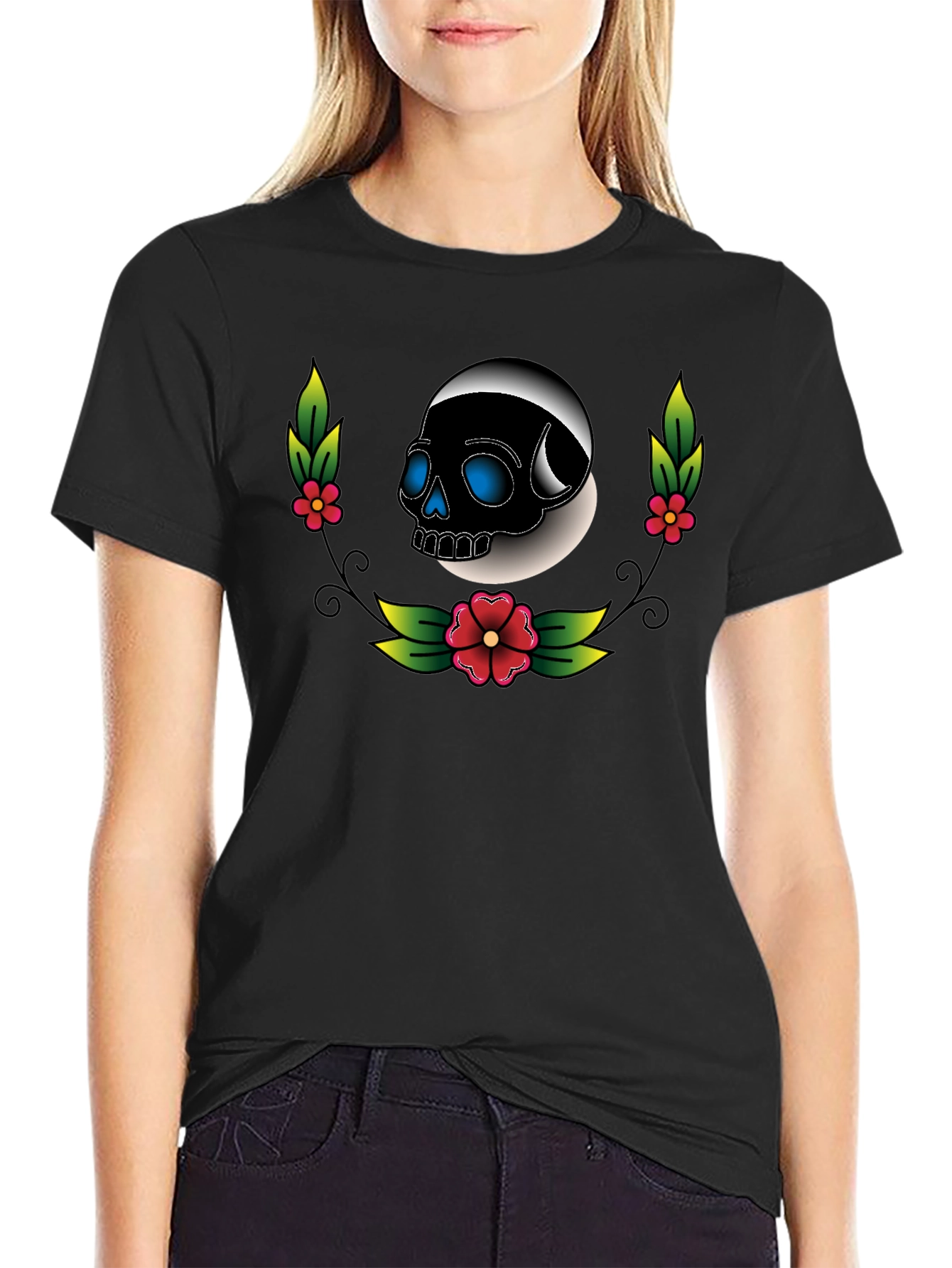 Skull Floral Graphic Tee - Unisex Black T-Shirt
