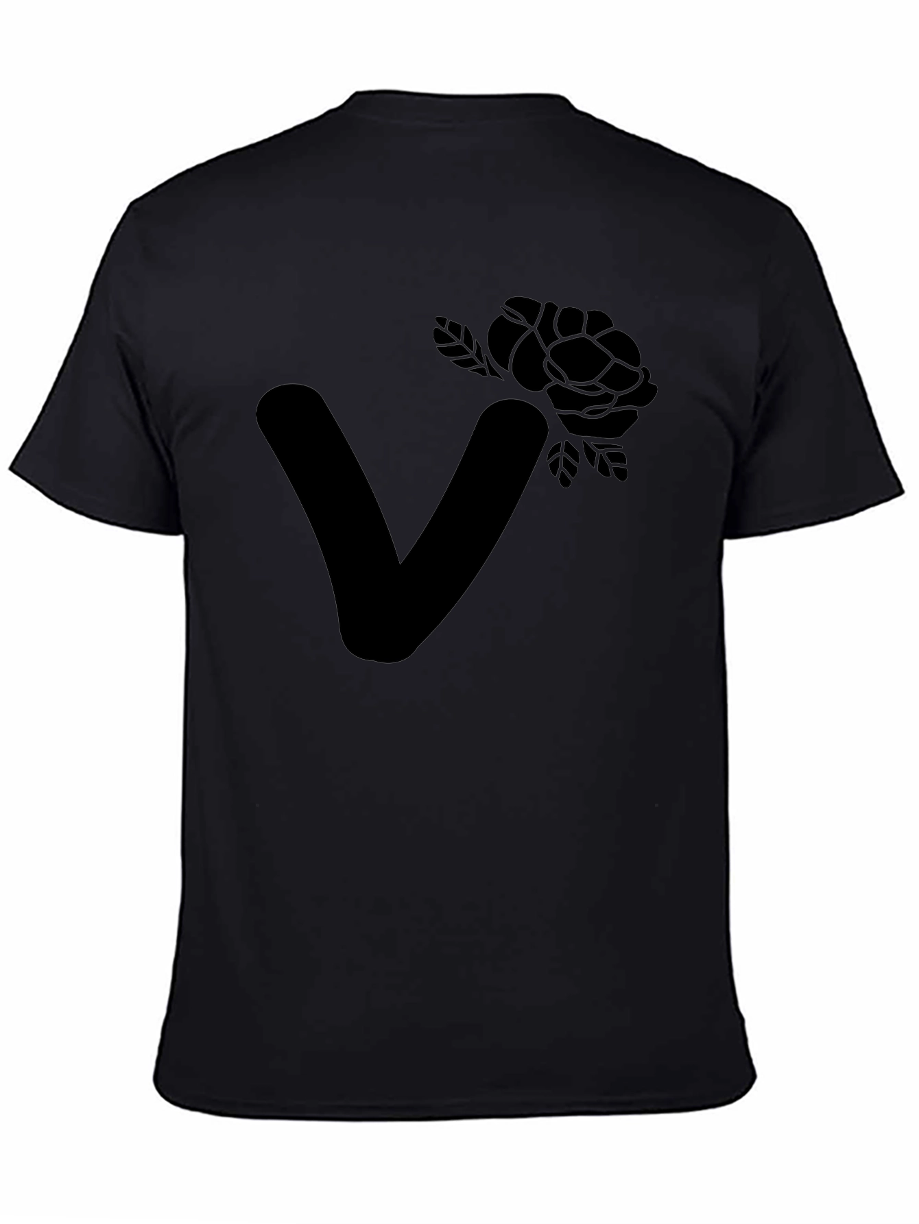 Stylish Black T-Shirt with Floral Letter V Design