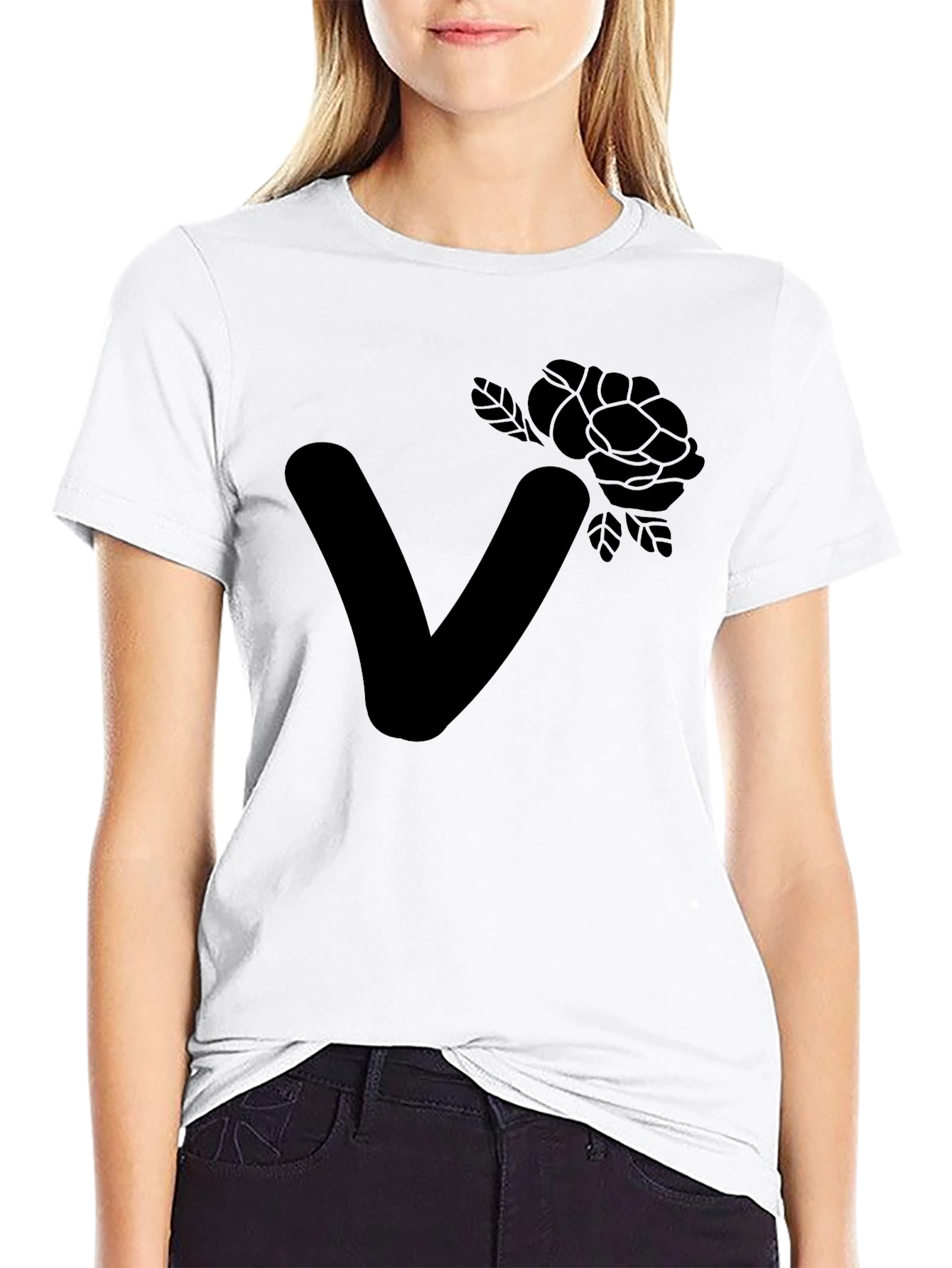 Stylish Black T-Shirt with Floral Letter V Design