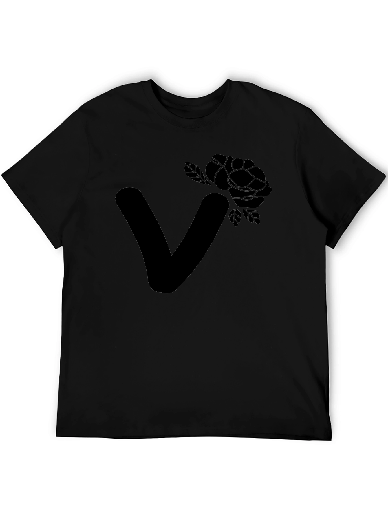 Stylish Black T-Shirt with Floral Letter V Design