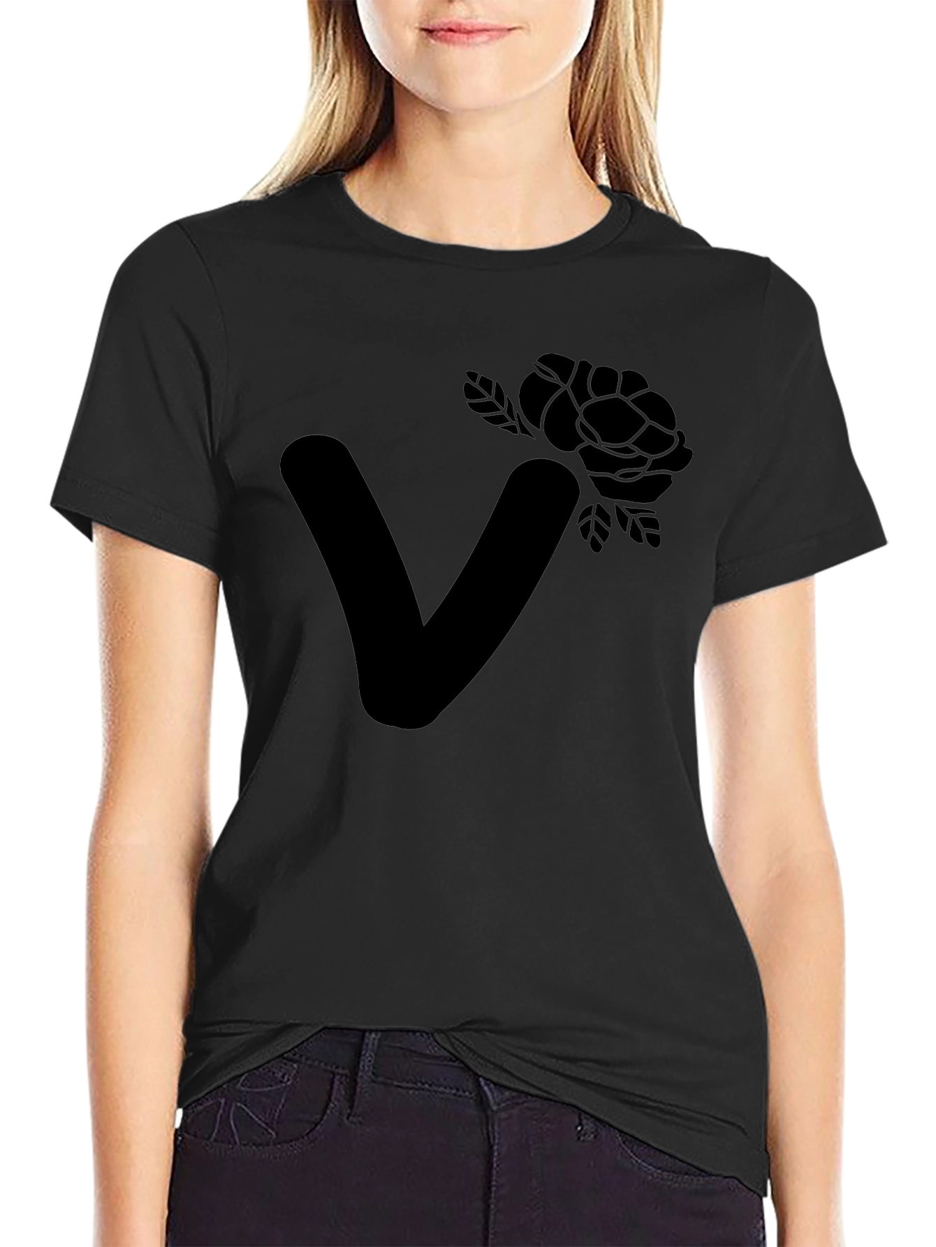 Stylish Black T-Shirt with Floral Letter V Design