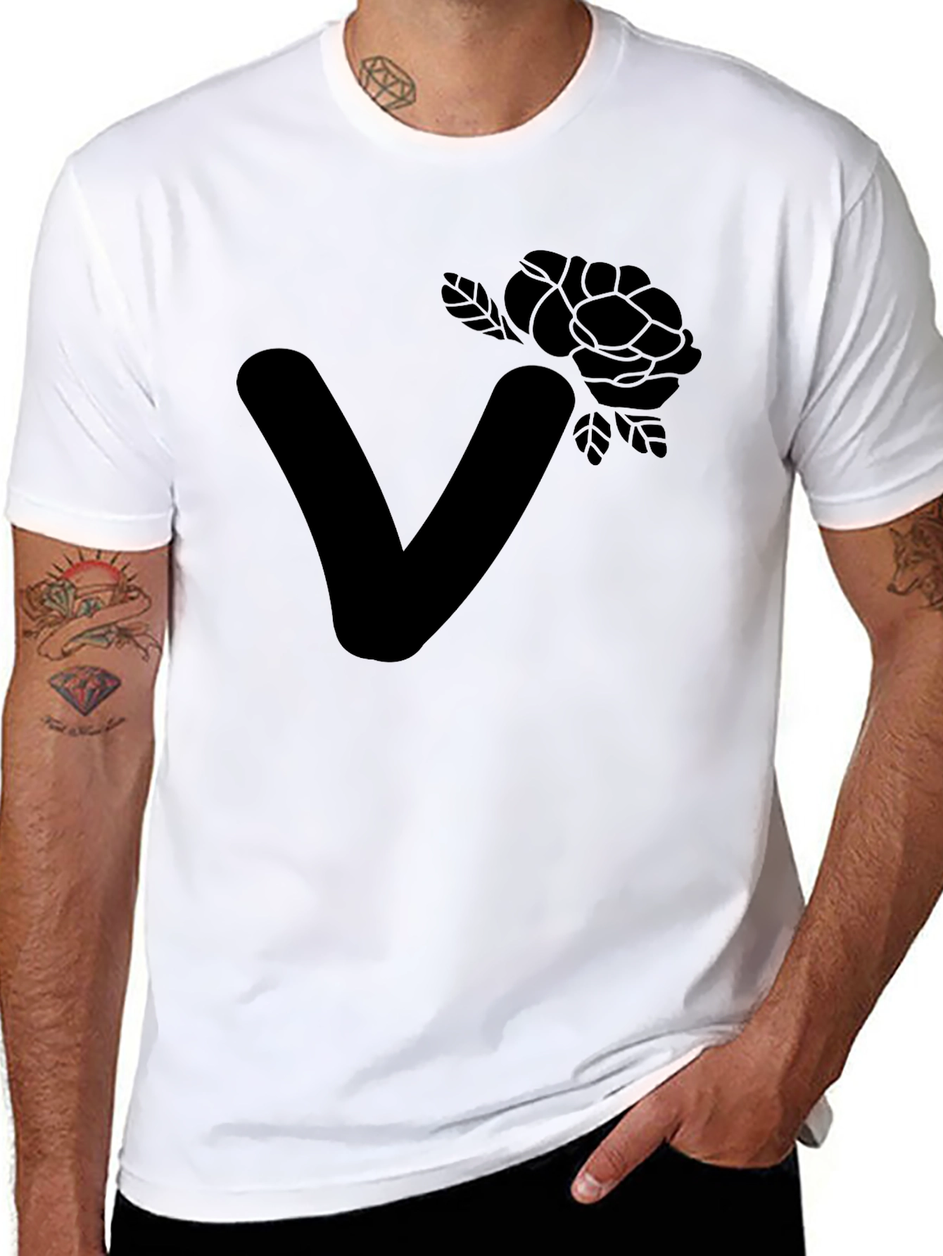 Stylish Black T-Shirt with Floral Letter V Design