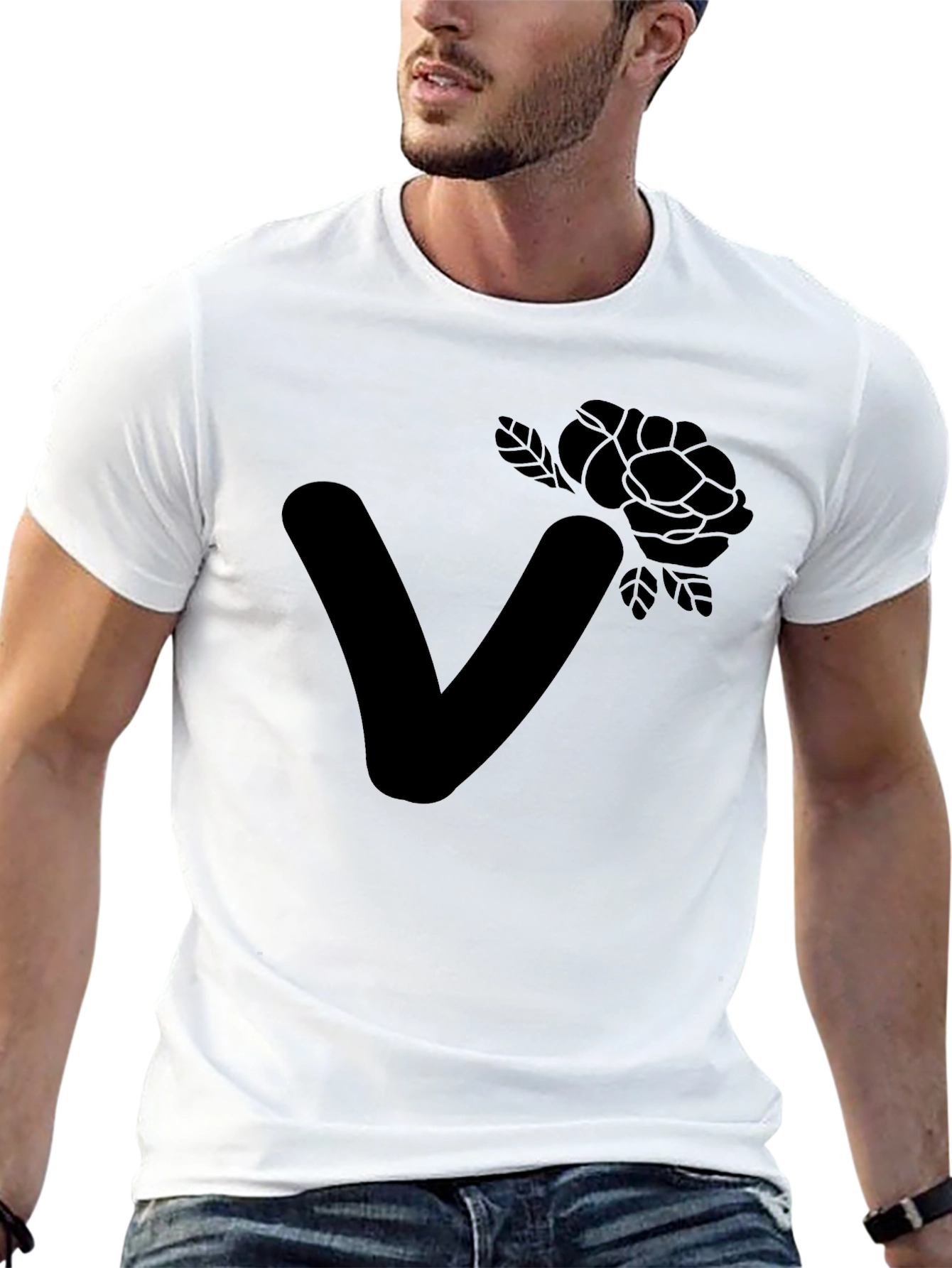 Stylish Black T-Shirt with Floral Letter V Design