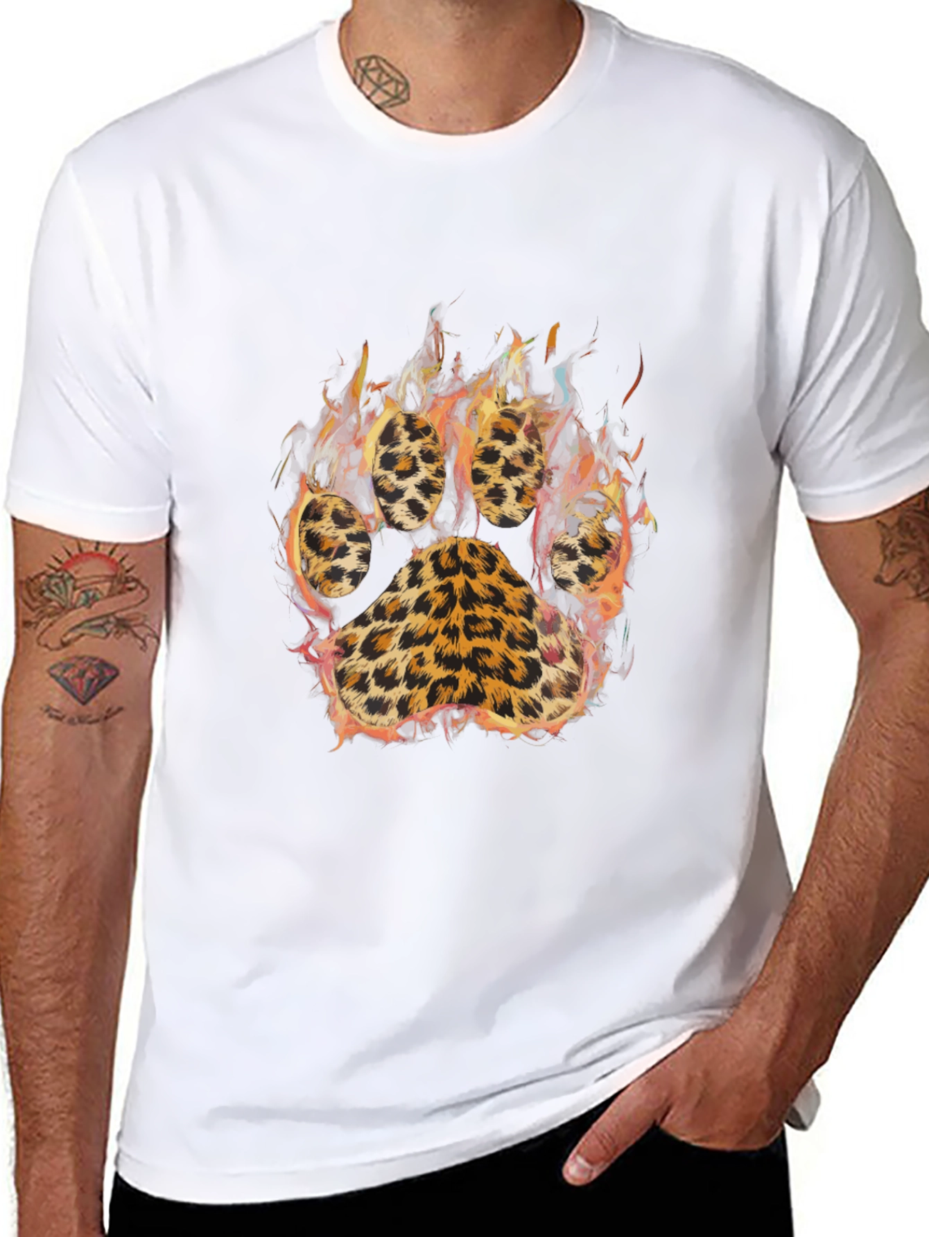 Mens Black T-shirt with Leopard Paw Print Design