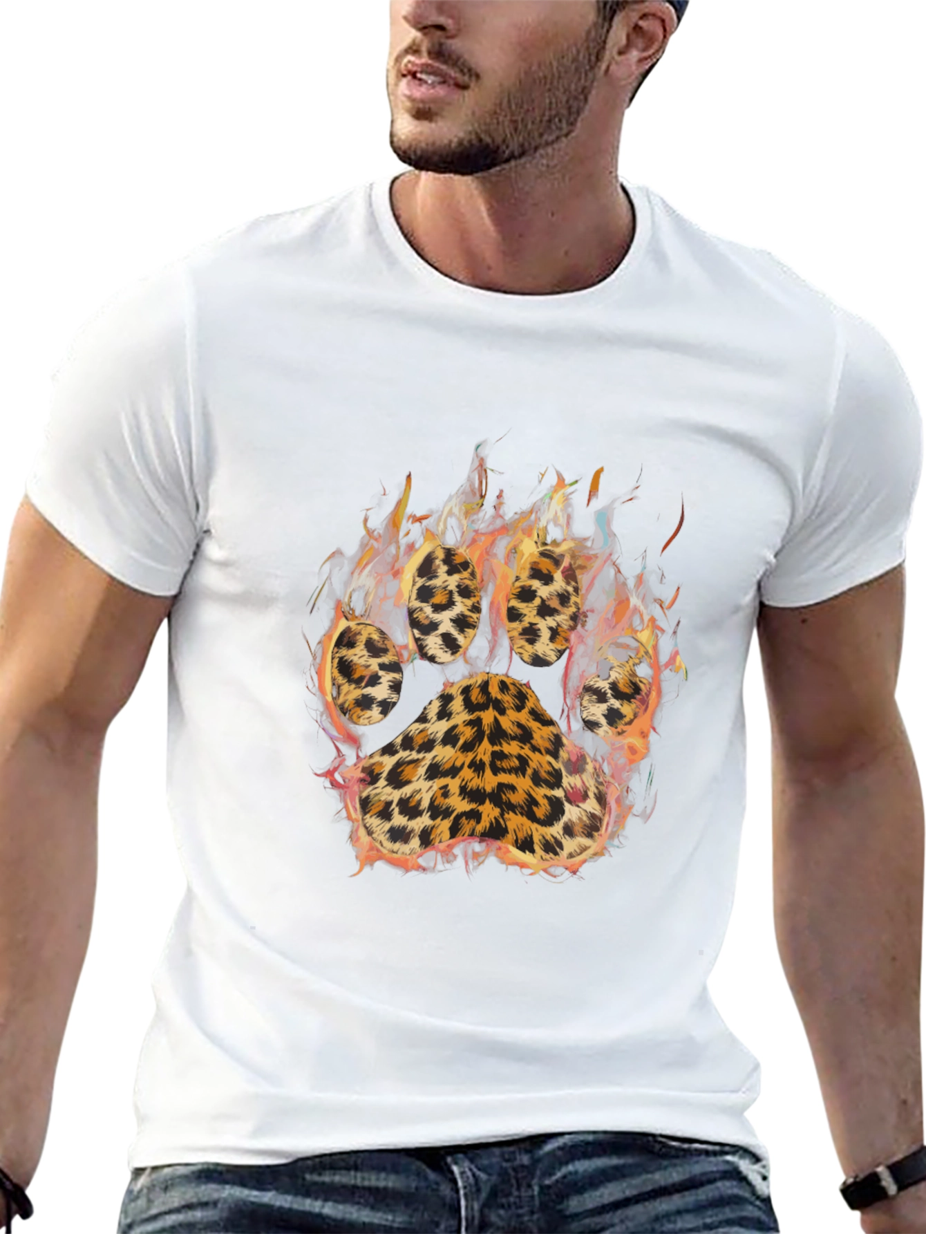 Mens Black T-shirt with Leopard Paw Print Design