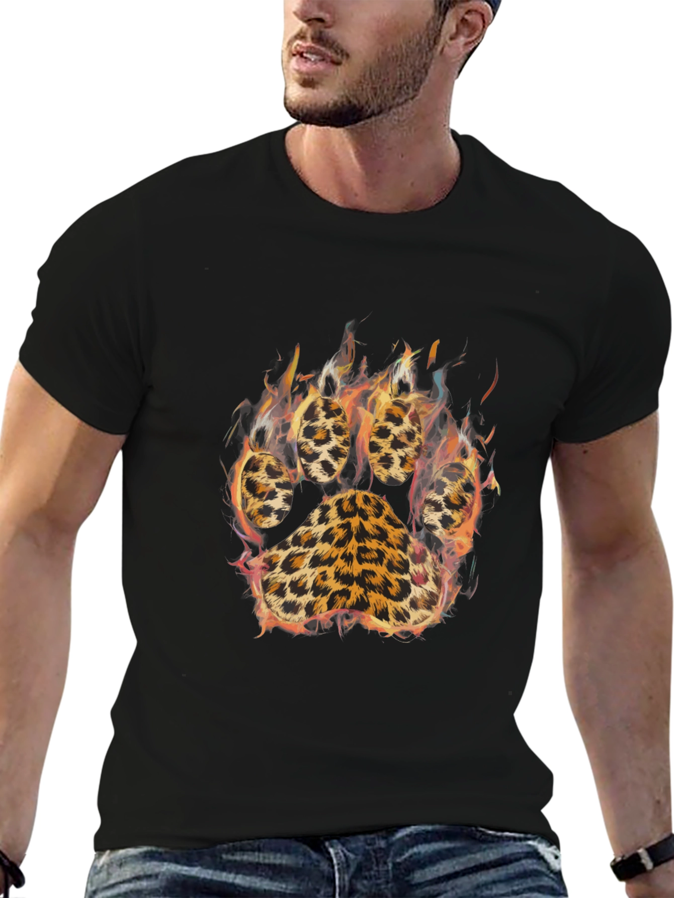 Mens Black T-shirt with Leopard Paw Print Design